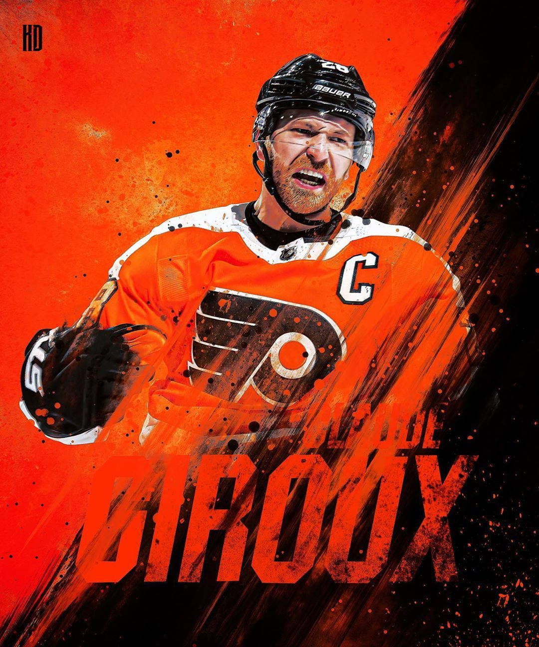 運動 桌布 壁紙 — 一幅充滿動感的數位插圖，描繪冰球運動員 Claude Giroux 身穿橙色 Flyers 球衣，在熾熱的橙色和黑色背景下激烈咆哮。