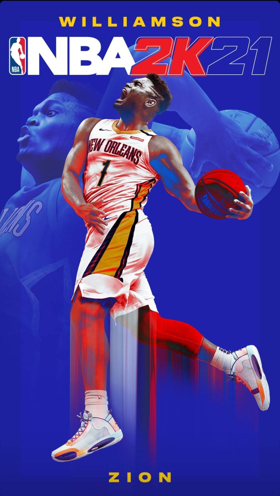 Zion 桌布 壁紙 — 一幅充滿動感的數位插圖，描繪籃球運動員錫安·威廉森身穿紐奧良球衣，在鮮豔的藍色背景前進行灌籃。