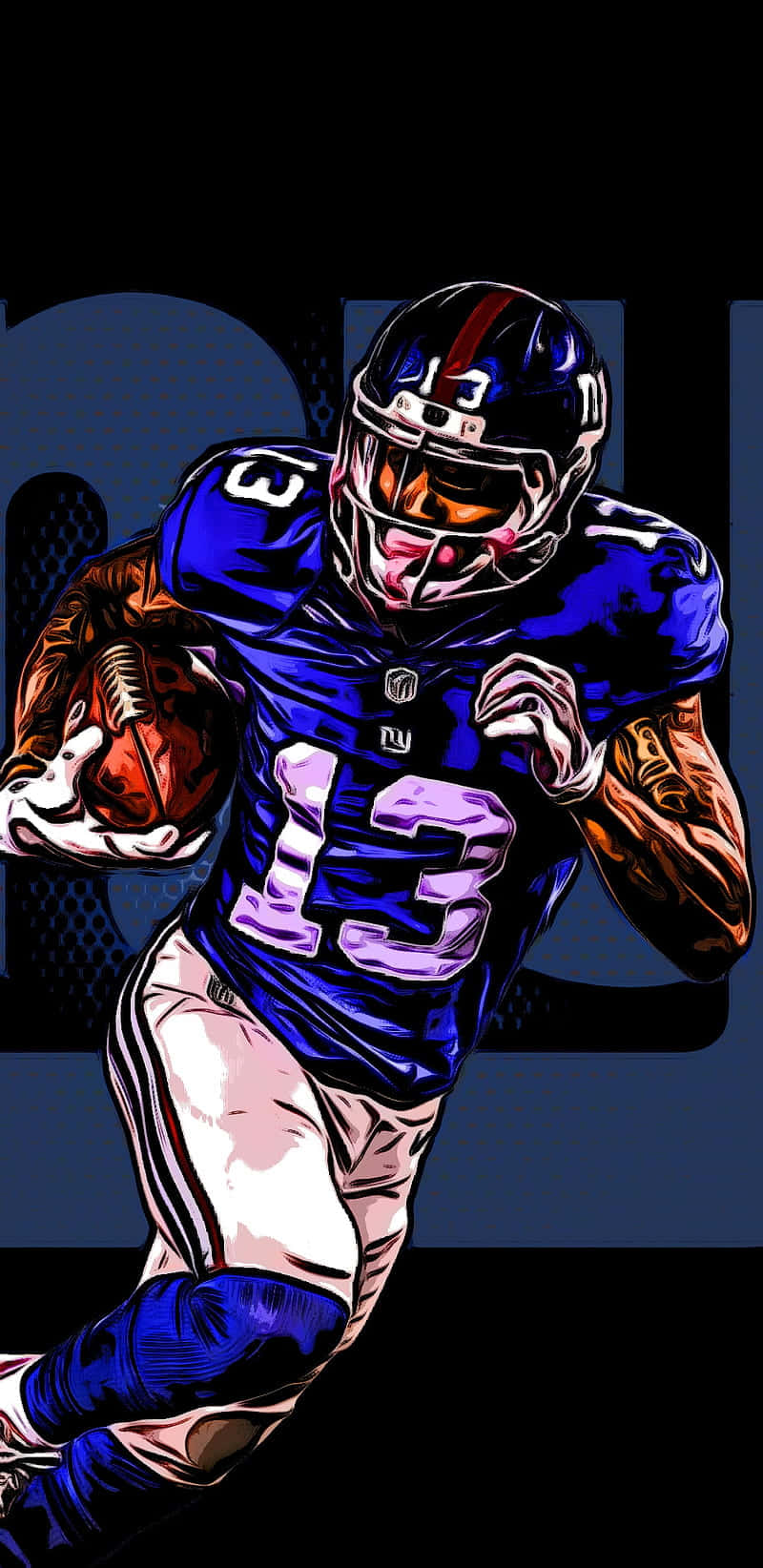 Obj 桌布 壁紙 — 一幅充滿動感的數位插畫，描繪一名身穿藍色13號球衣的美式足球員，手持橄欖球向前衝刺。