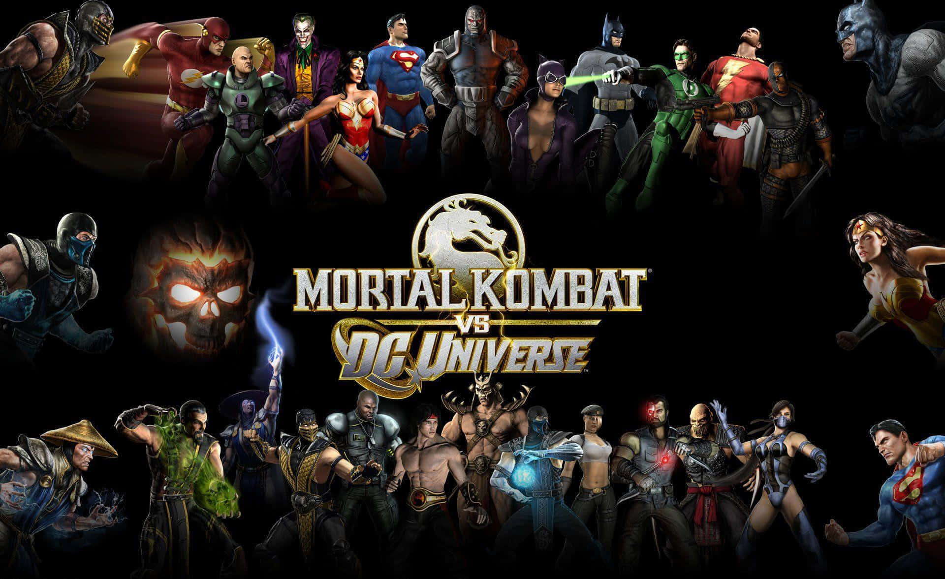 Mortal Kombat Vs Dc Universe 桌布 壁紙 — 一幅充滿動感的數位藝術作品，展示《真人快打》和《DC宇宙》的標誌性角色在黑暗背景下準備戰鬥。