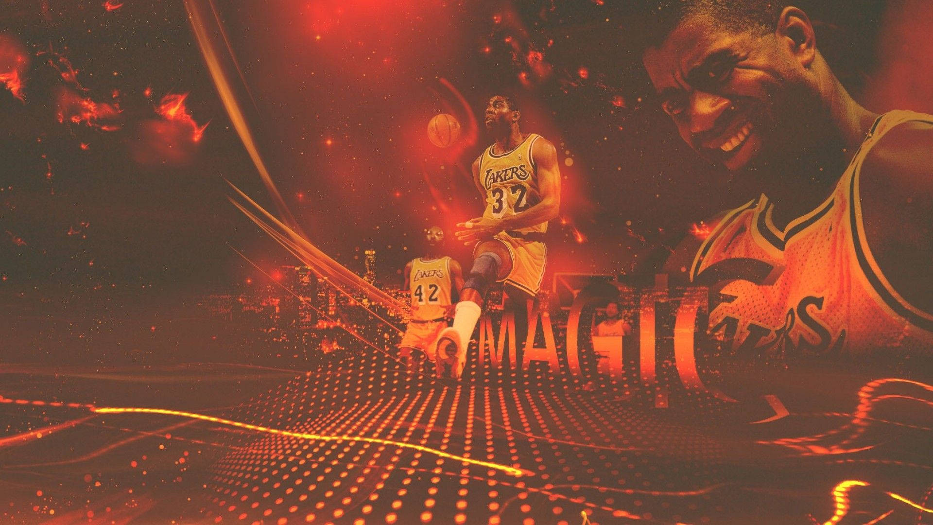 Magic Johnson 桌布 壁紙 — 一幅充滿動感的數位藝術作品，描繪籃球傳奇魔術強森身穿湖人隊球衣，背景是熾熱的紅色宇宙，帶有發光粒子和風格化文字。