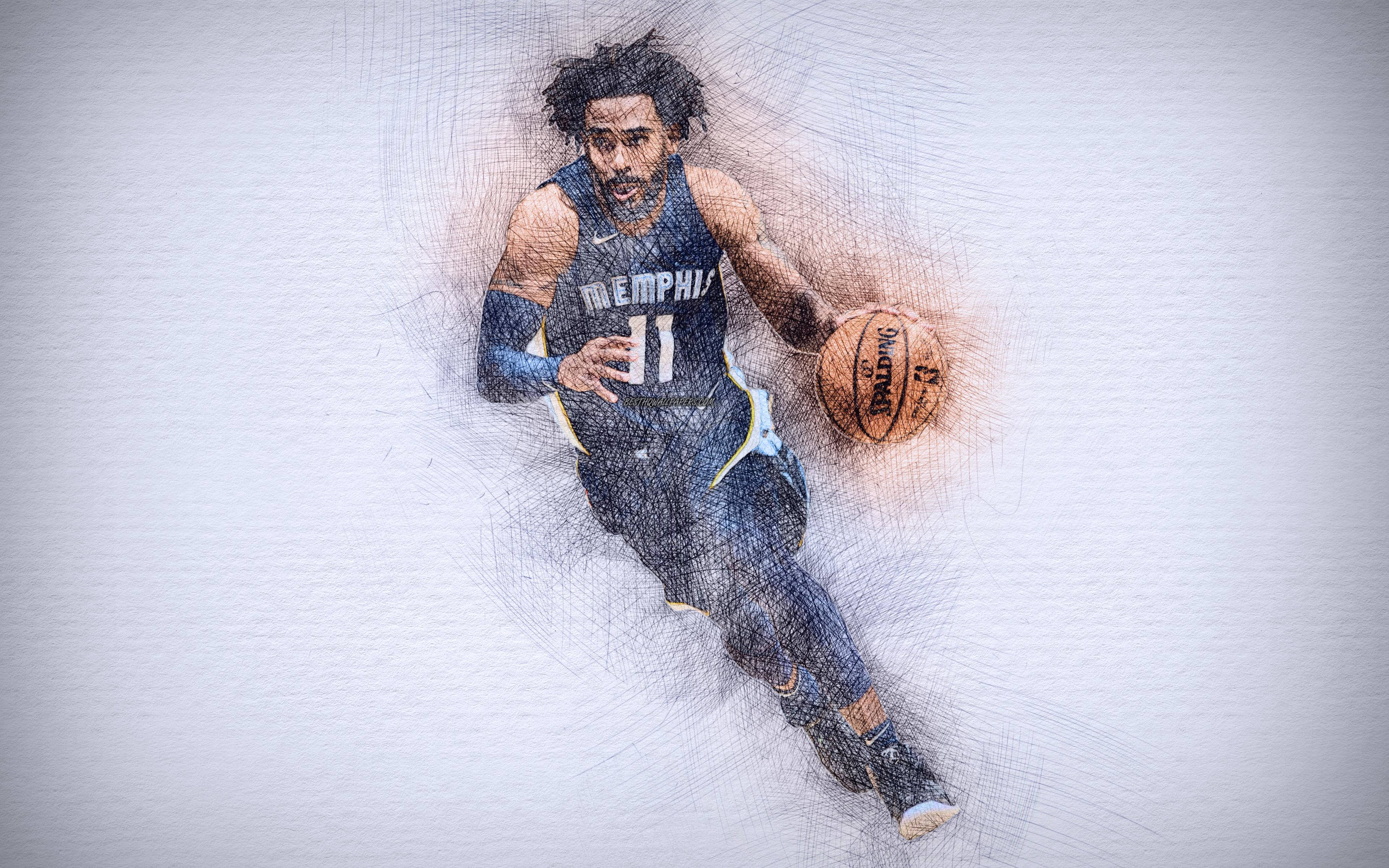 mike conley 桌布 壁紙 — 一幅充滿動感的數位藝術插圖，描繪一名身穿曼菲斯球衣的籃球運動員運球，周圍散發著運動線條。