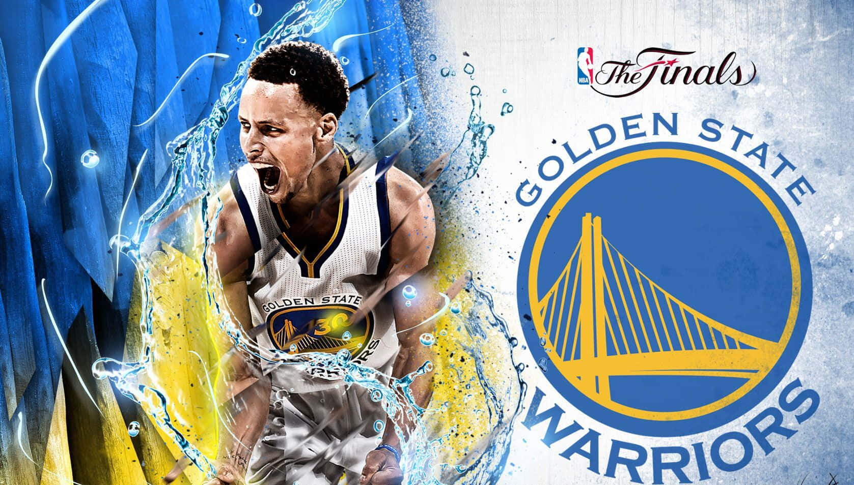 身穿金州勇士隊球衣的史蒂芬·柯瑞，被水花和球隊標誌包圍。 — NBA 壁紙