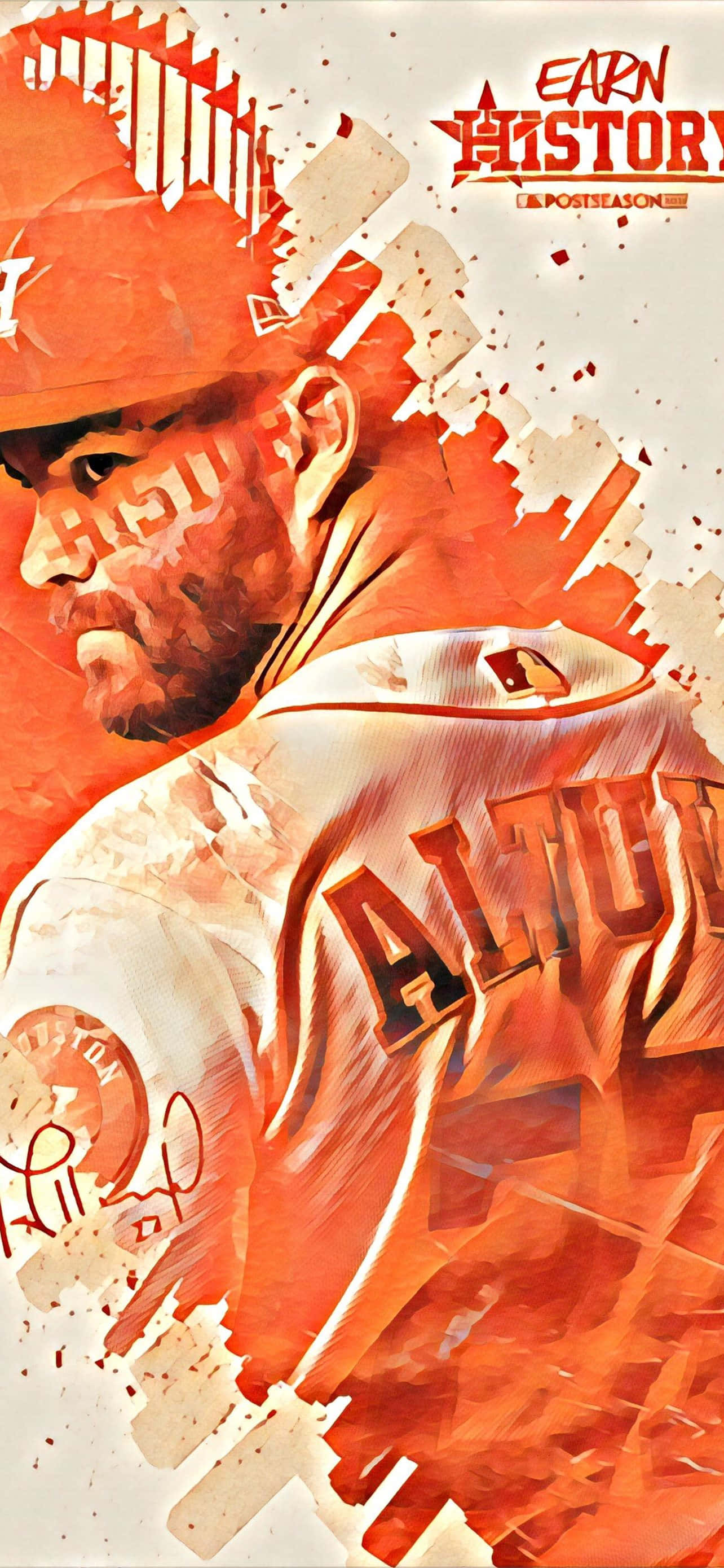 Astros 桌布 壁紙 — 一幅充滿動感的數位藝術肖像，描繪棒球運動員Altuve身穿橙色和白色球衣，上方有'EARN HISTORY'字樣。