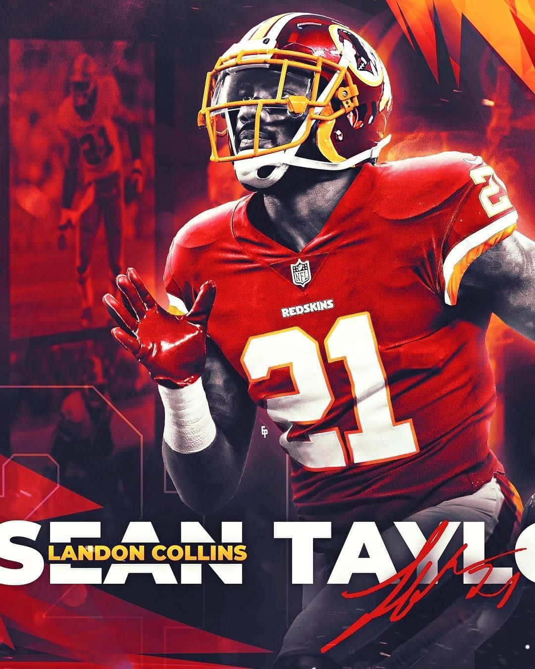 Washington Redskins 桌布 壁紙 — 一幅充滿動感的數位藝術肖像，描繪美式足球員Landon Collins身穿紅色Redskins球衣21號，背景是火熱的橙色和黑色。