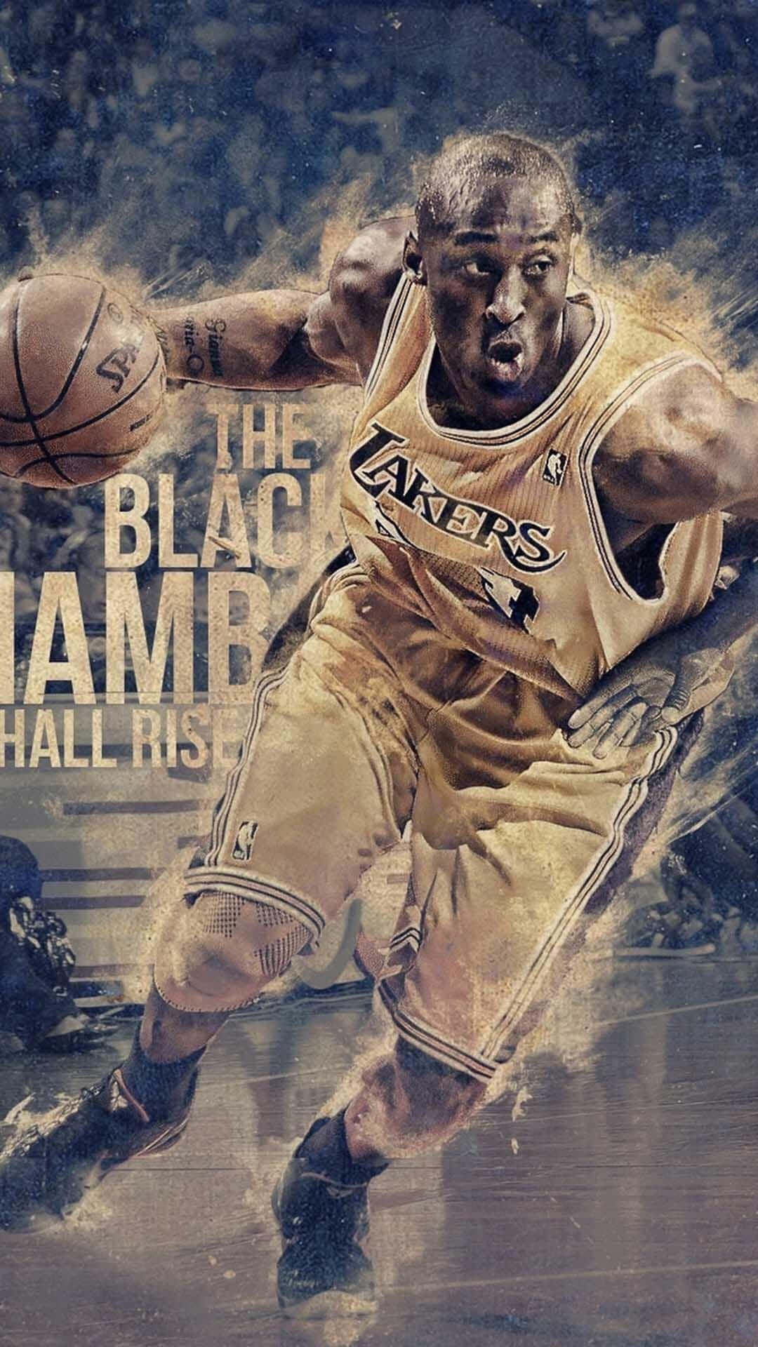 Best NBA 桌布 壁紙 — 一幅充滿動感的數位藝術肖像，描繪身穿湖人隊球衣的柯比·布萊恩，在粗糙紋理背景前專注地運球。
