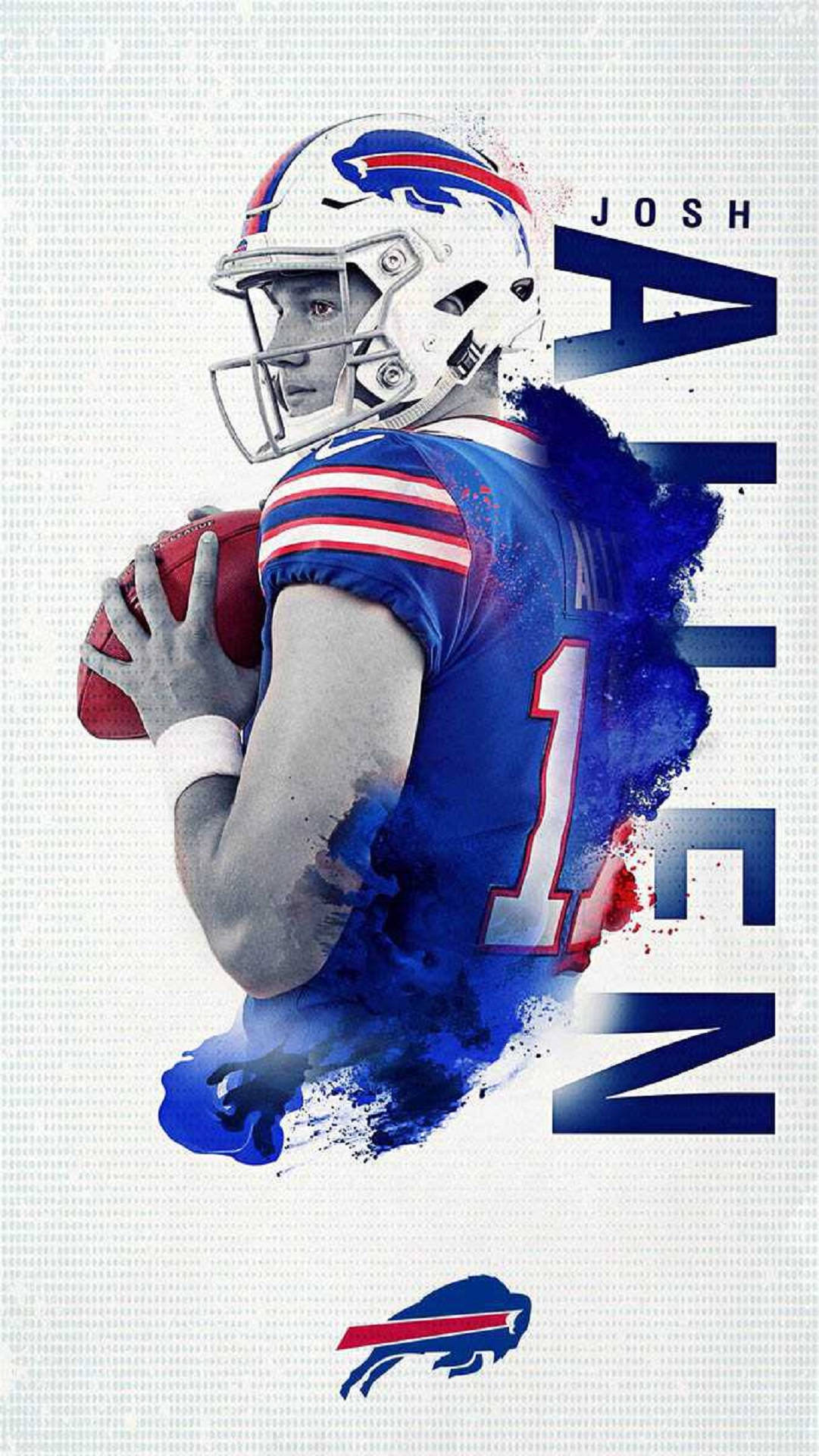 Josh 桌布 壁紙 — 一幅充滿動感的數位藝術肖像，描繪NFL四分衛喬許·艾倫身穿水牛城比爾隊制服，手持美式足球，並帶有醒目的藍色油漆潑濺效果。