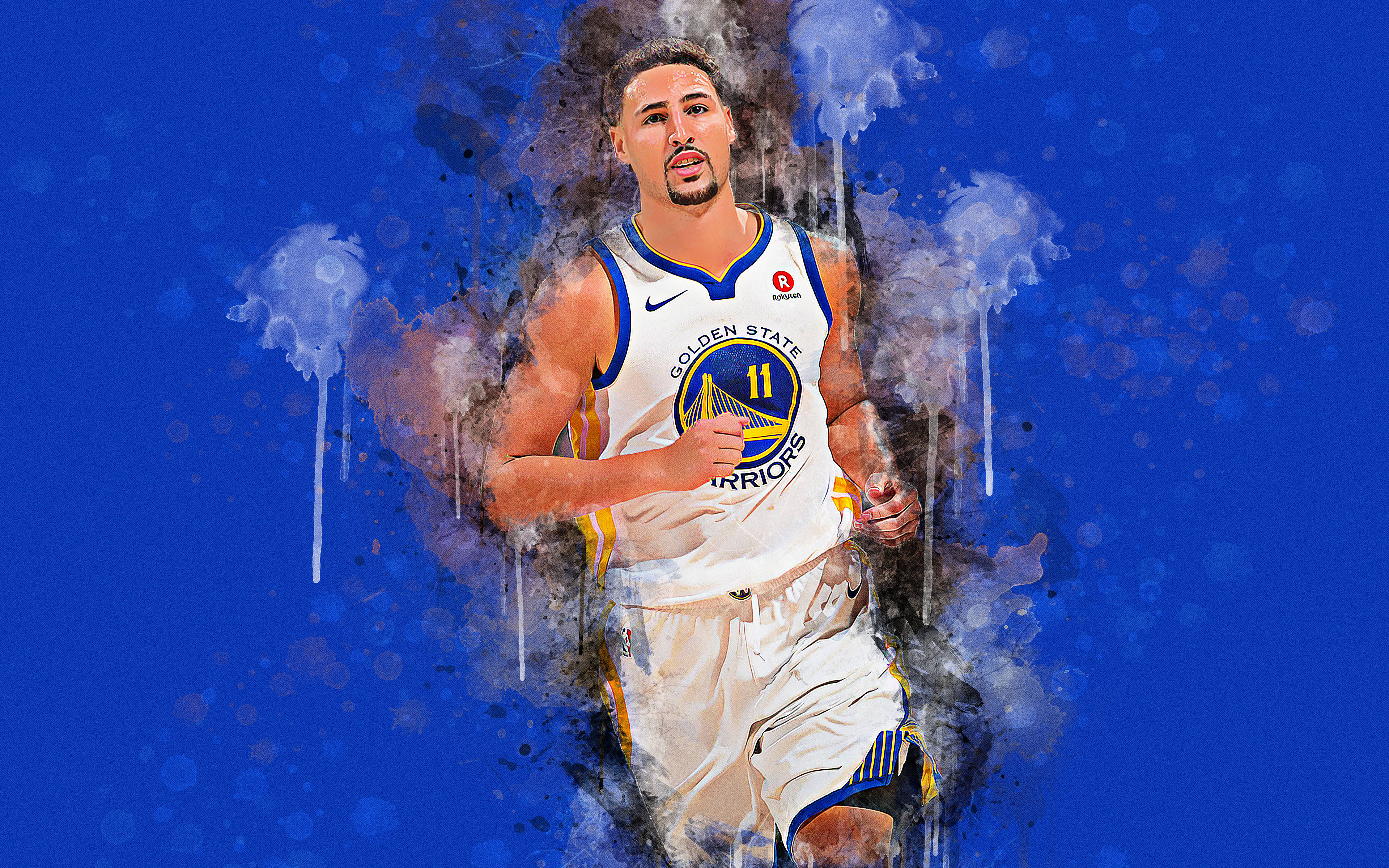 Thompson 桌布 壁紙 — 一幅充滿動感的數位藝術肖像，描繪身穿金州勇士隊球衣的籃球運動員克雷·湯普森，以顏料飛濺效果衝破藍色背景。