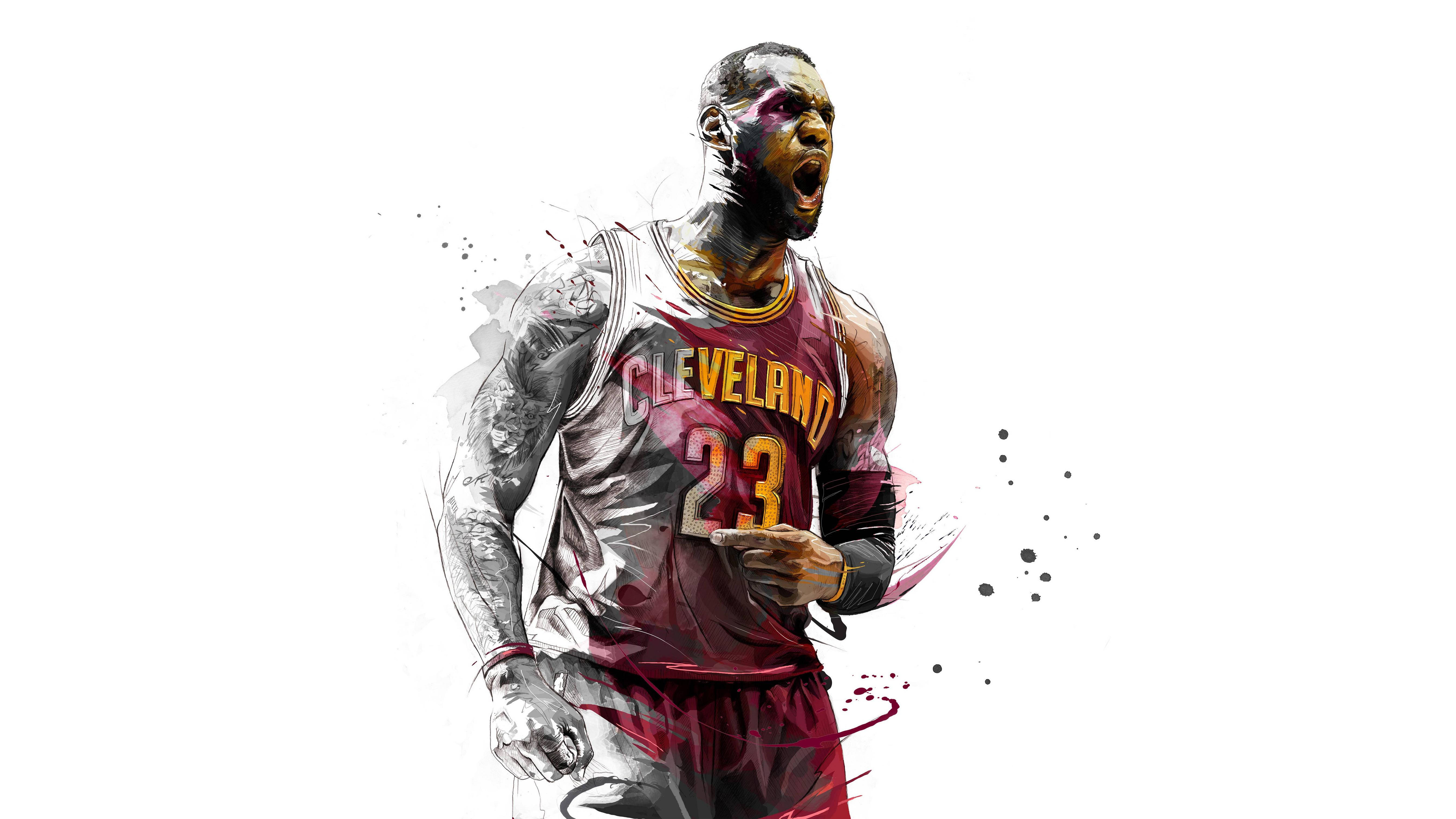 NBA 桌布 壁紙 — 一幅充滿動感的水彩風格插圖，描繪勒布朗·詹姆斯身穿克里夫蘭球衣，在純白背景下充滿能量地咆哮。