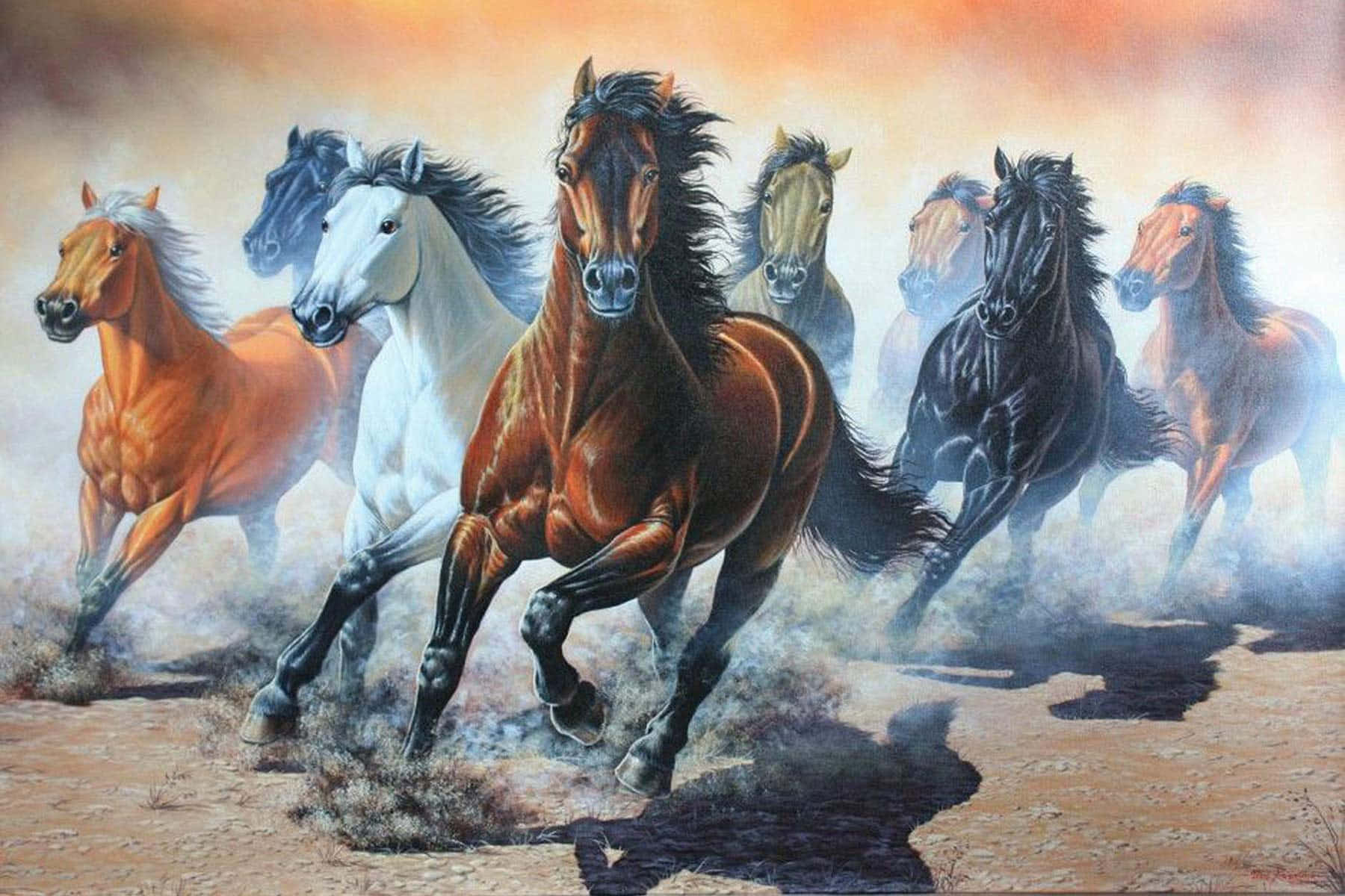 Run 桌布 壁紙 — 一幅充滿動感的油畫，描繪七匹野馬在熾熱橙色天空下奔馳過塵土飛揚的平原。