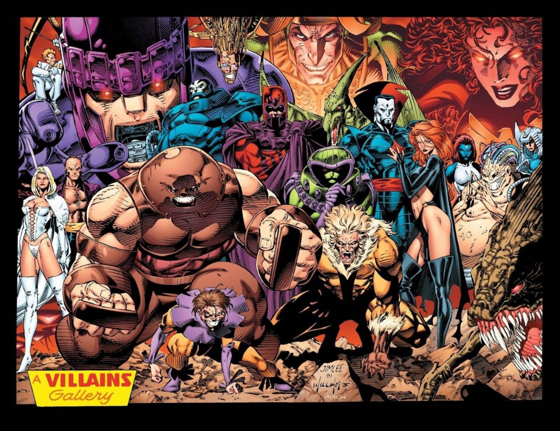 Villains 桌布 壁紙 — 一幅充滿動感的漫畫插圖，展示了一個由標誌性反派組成的威脅畫廊，色彩大膽，姿勢戲劇化。