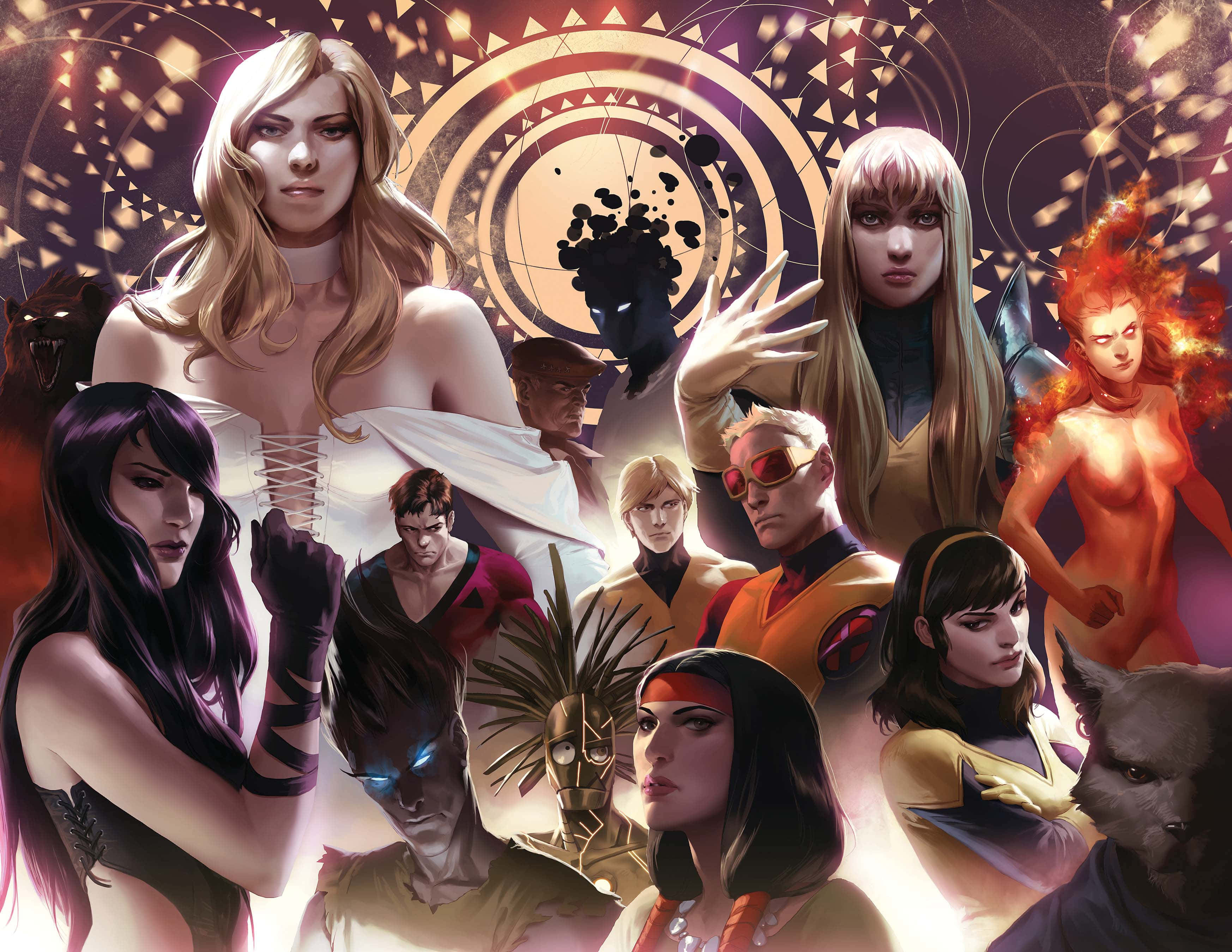 New Mutants 桌布 壁紙 — 一幅充滿動感的漫畫插圖，描繪一群多元化的超級英雄角色，擁有發光的眼睛和戲劇性的姿勢，背景是神秘的圓形金色背景。