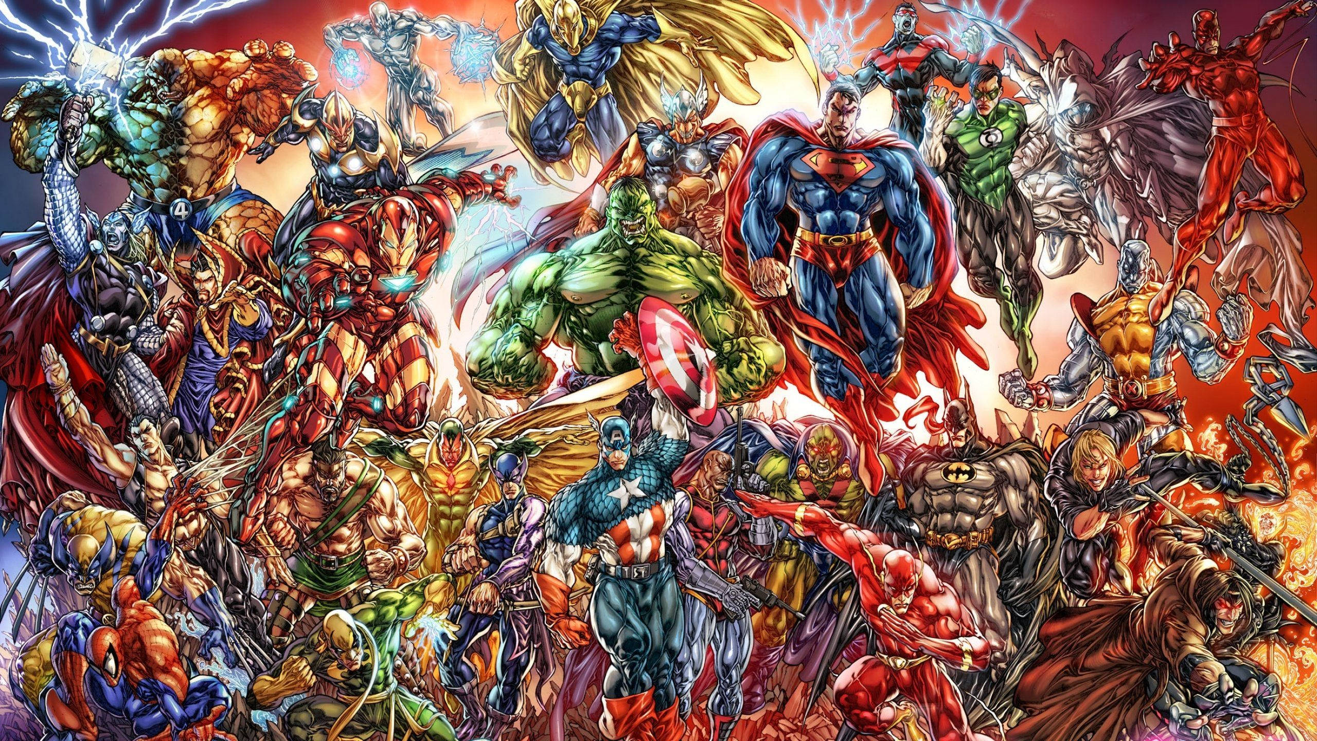 漫威超級英雄 桌布 壁紙 — 一幅充滿動感的漫畫插圖，描繪數十位超級英雄和反派在熾熱的橙紅色背景前英勇擺出姿勢。