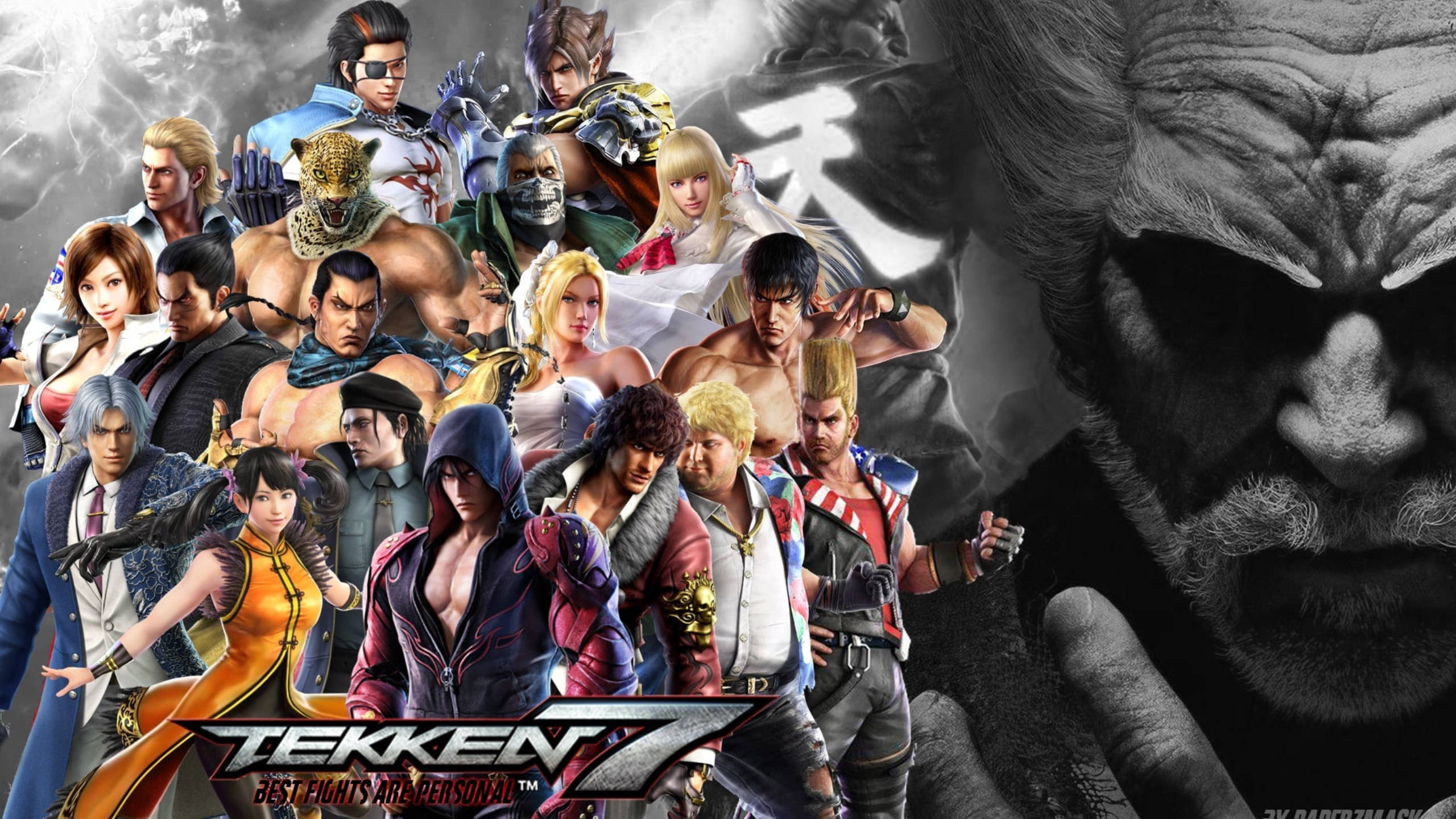 Tekken 桌布 壁紙 — 一幅充滿動感的鐵拳7戰士拼貼畫，他們在煙霧繚繞的背景前英勇擺姿勢，背景中有一個若隱若現的陰影面孔。