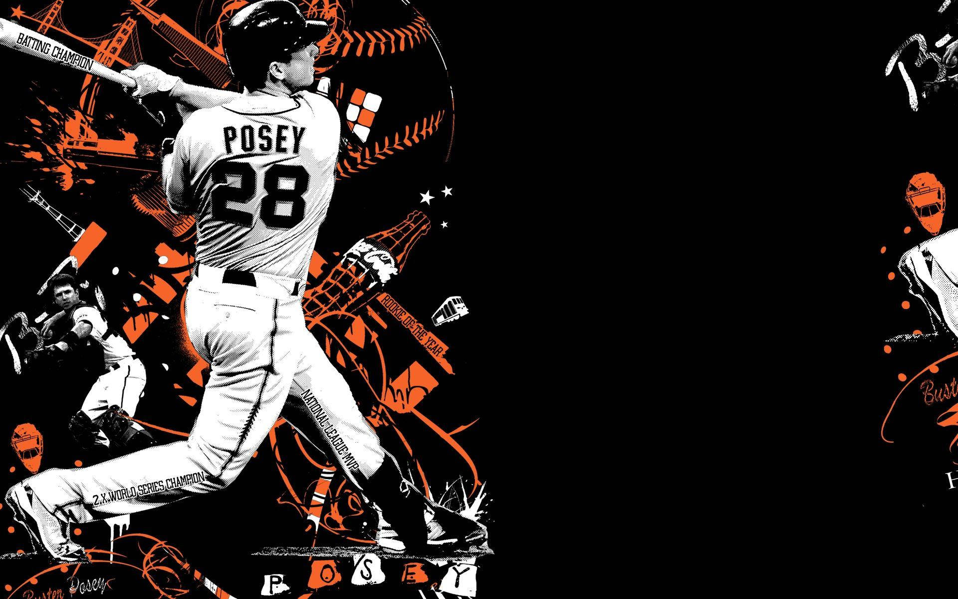 Posey 桌布 壁紙 — 一幅充滿動感的黑橙色插圖，描繪棒球選手Buster Posey正在揮棒，周圍環繞著冠軍榮譽。
