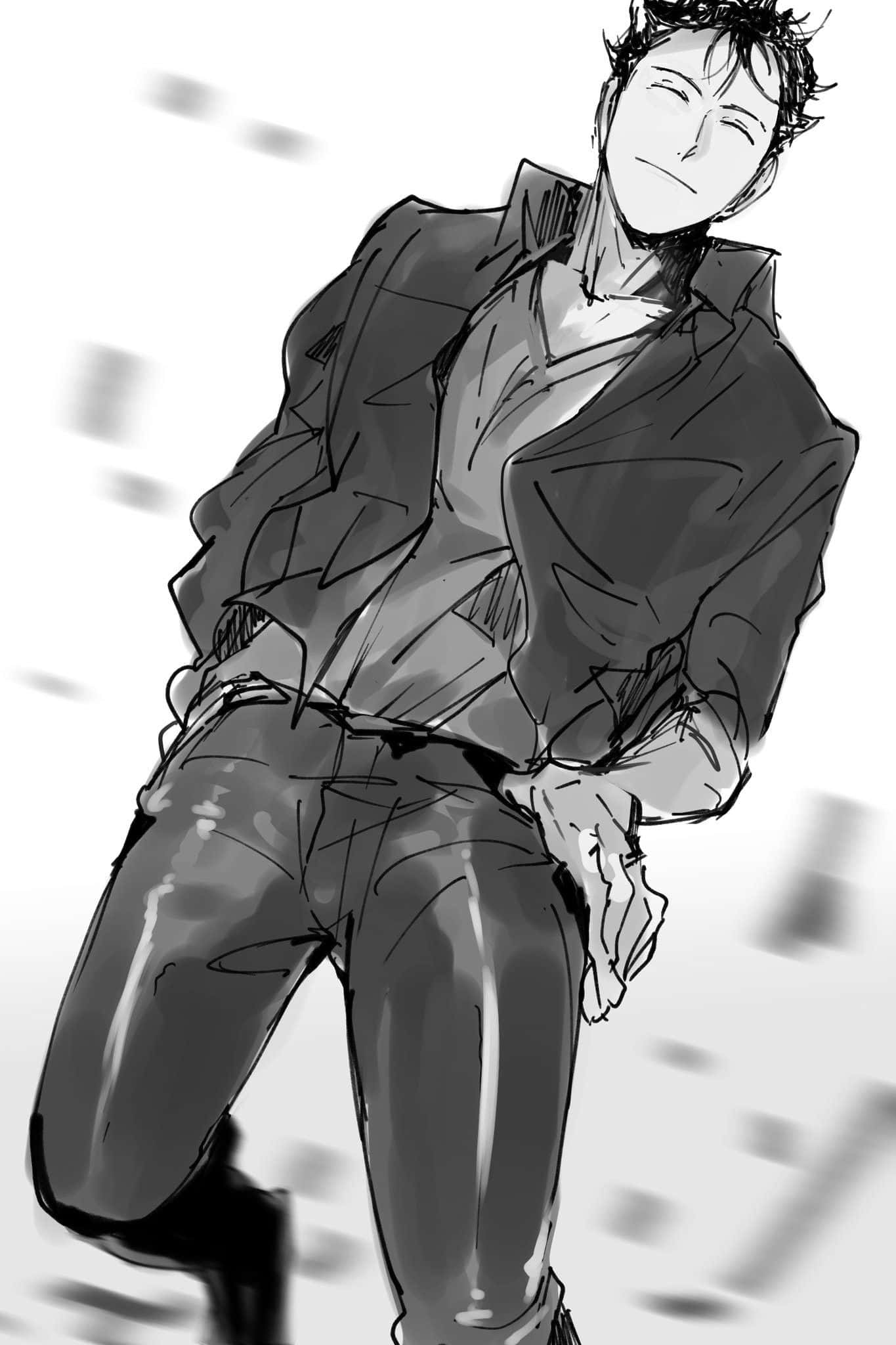 Ryo Shimazaki 桌布 壁紙 — 一幅充滿動感的黑白動漫風格素描，描繪一位自信的年輕男子身穿外套和長褲，身體前傾，露出得意的笑容。
