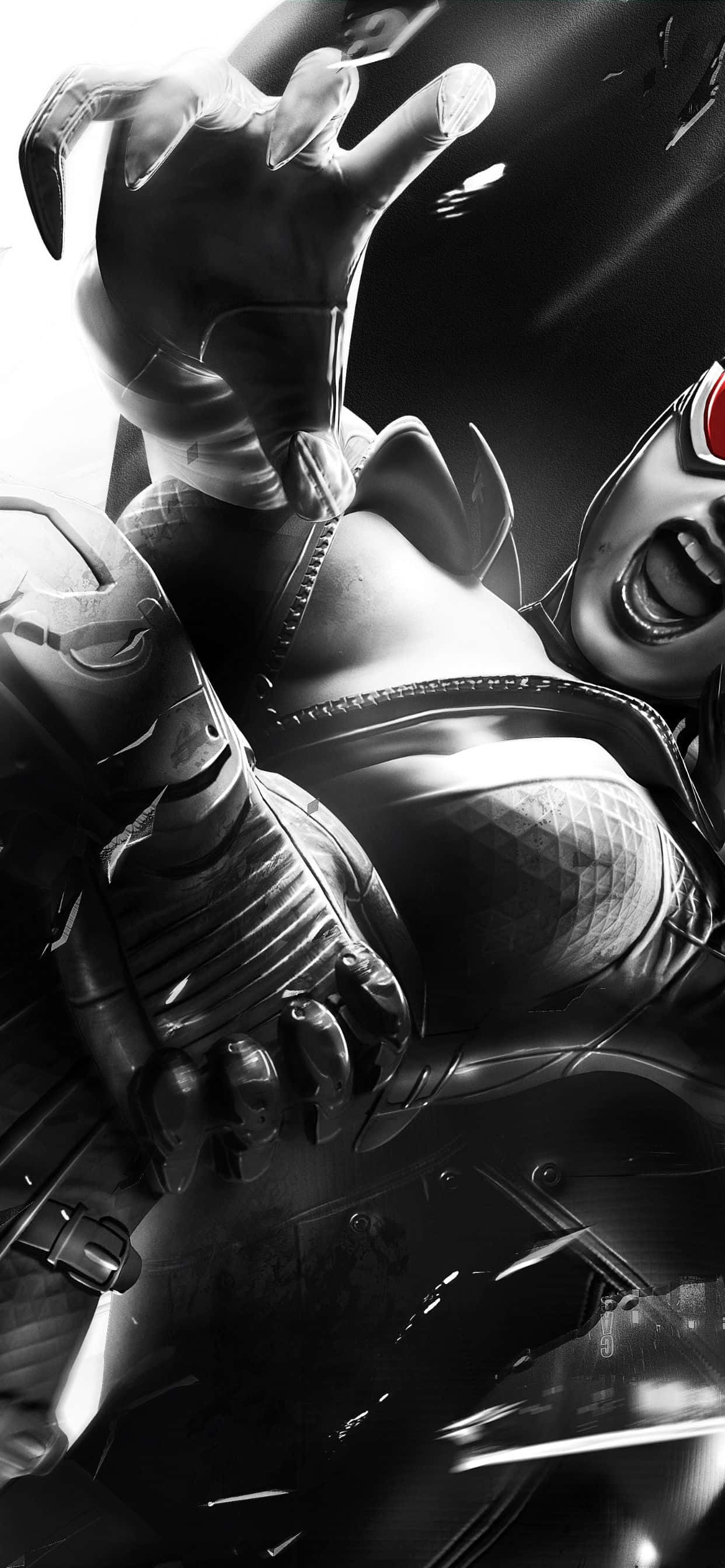 iPhone Xs Max Batman Arkham City 桌布 壁紙 — 一幅充滿動感的黑白插圖，描繪一位超級英雄擺出戲劇性姿勢，表情強烈。