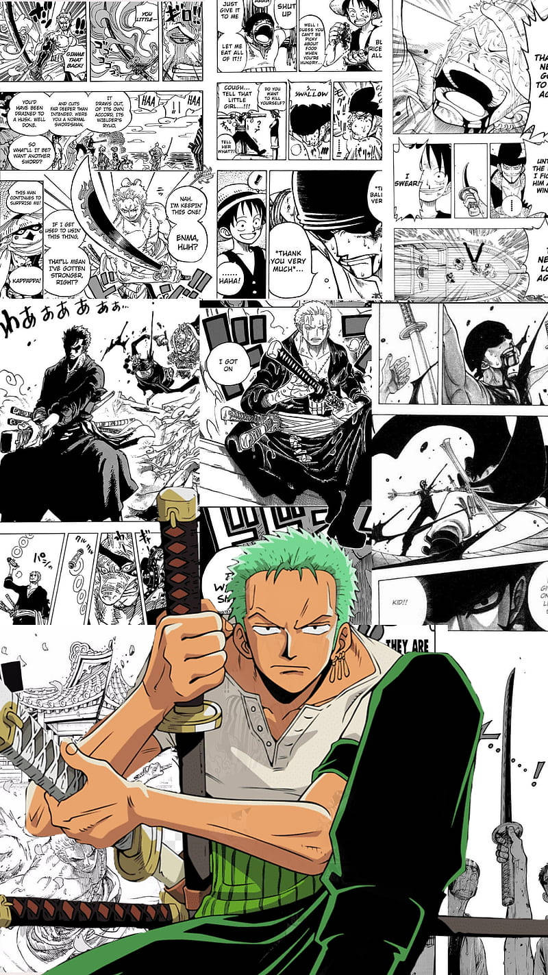 漫畫格中有一位綠髮劍士手持武士刀。 — 索隆 GIF 壁紙