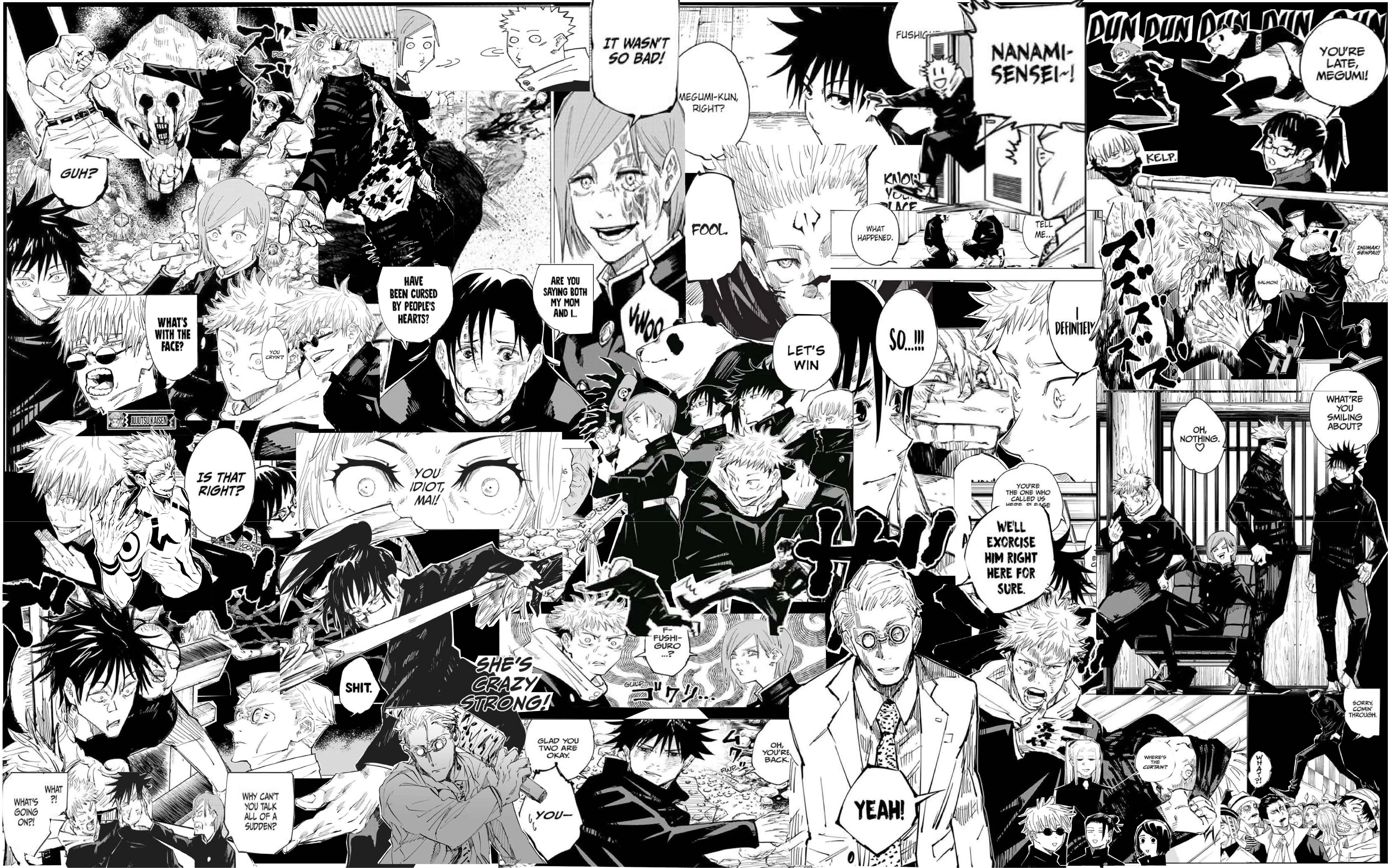 Manga Pages 桌布 壁紙 — 一幅充滿動感的黑白漫畫拼貼畫，包含激烈的戰鬥場景和表情豐富的角色，並帶有對話氣泡。