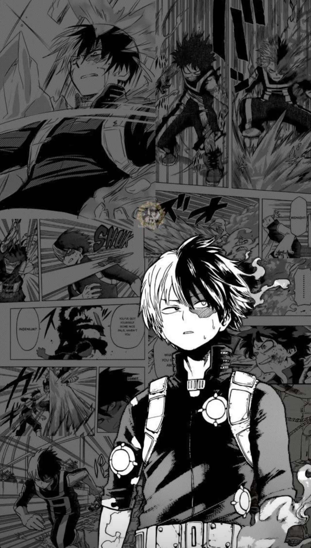 My Hero Academia Aesthetic 桌布 壁紙 — 一幅充滿動感的黑白漫畫面板拼貼畫，描繪一位半白頭髮、戴著發光眼罩的堅定年輕英雄，周圍是動作激烈的戰鬥場景。