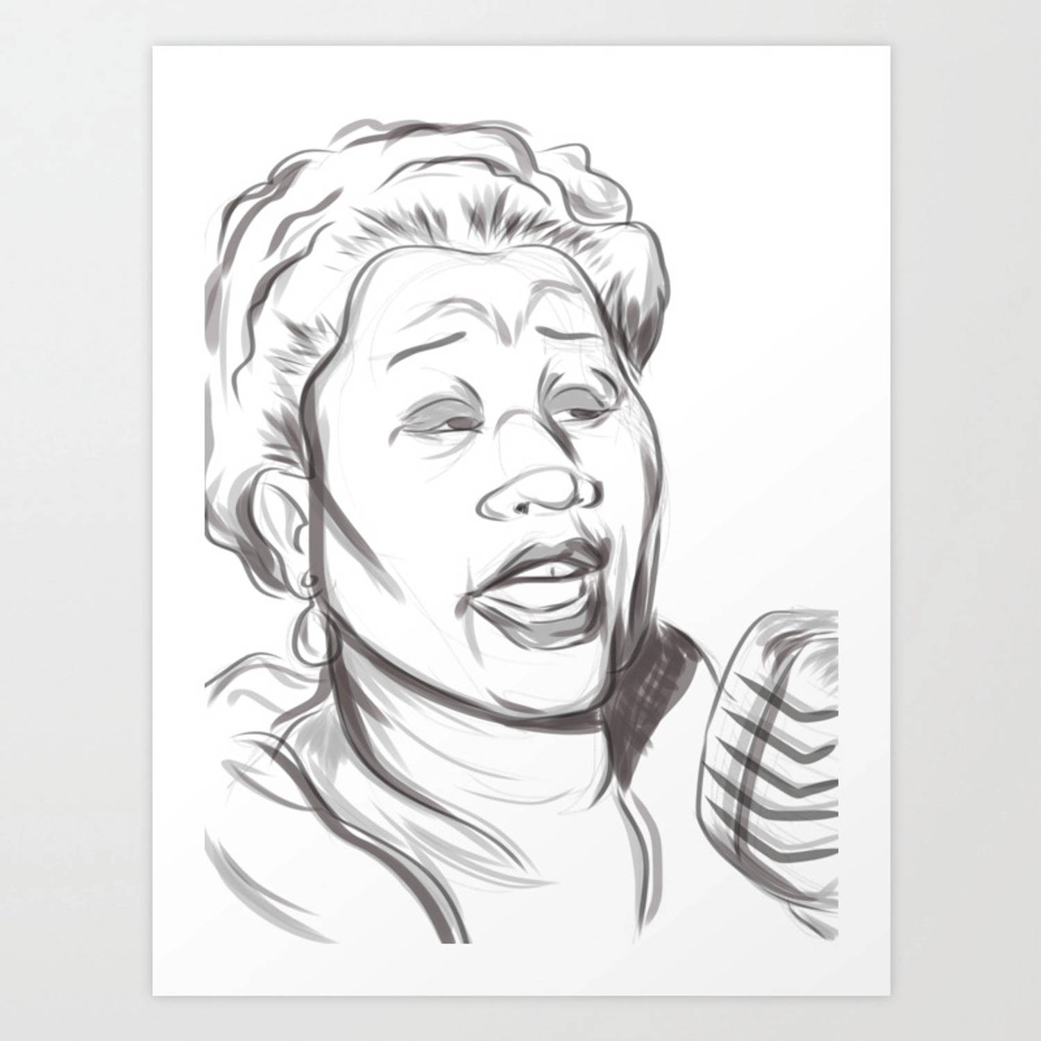 Ella 桌布 壁紙 — 一幅充滿動感的黑白素描，描繪一位女性熱情地對著復古麥克風唱歌。