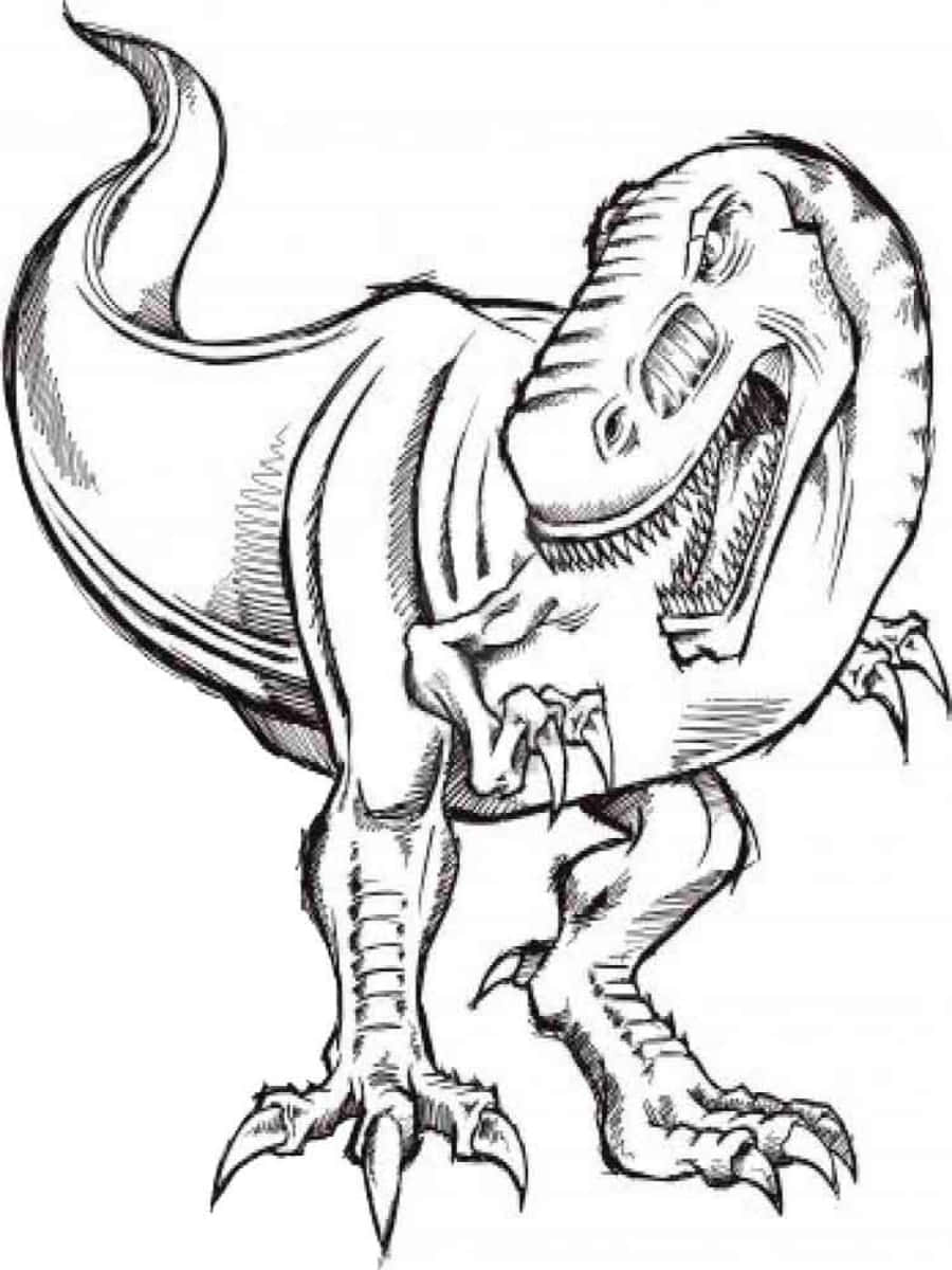 Dinosaur Coloring 桌布 壁紙 — 一幅充滿動感的黑白線條畫，描繪一隻咆哮的暴龍，擁有鋒利的爪子和細緻的陰影。