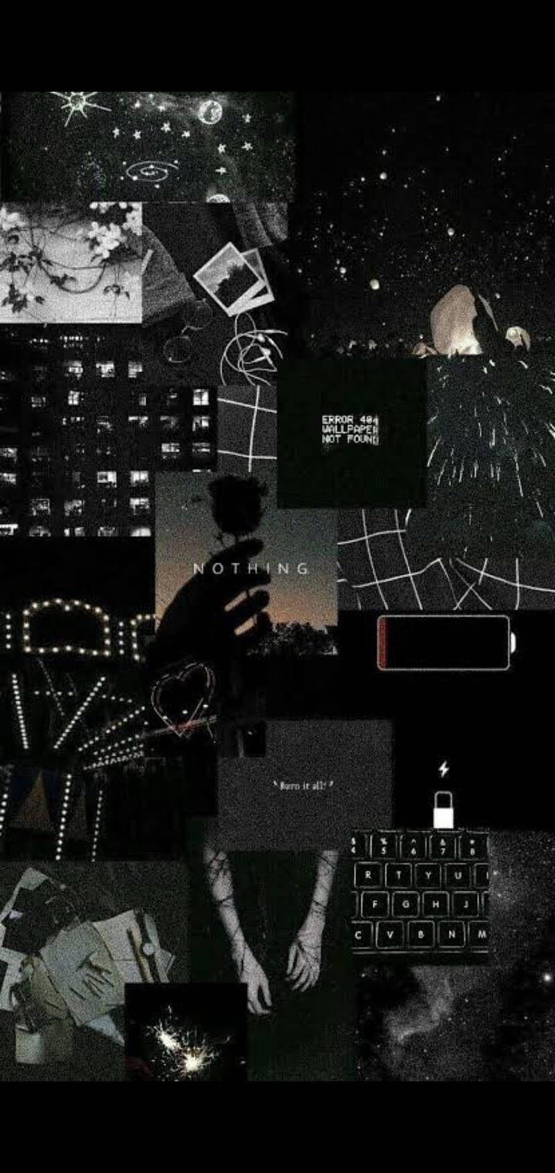 Grunge Emo Aesthetic 桌布 壁紙 — 一幅充滿情緒的黑白拼貼畫，包含碎片化的數位和類比影像，包括星星、手、文字和電話元素。