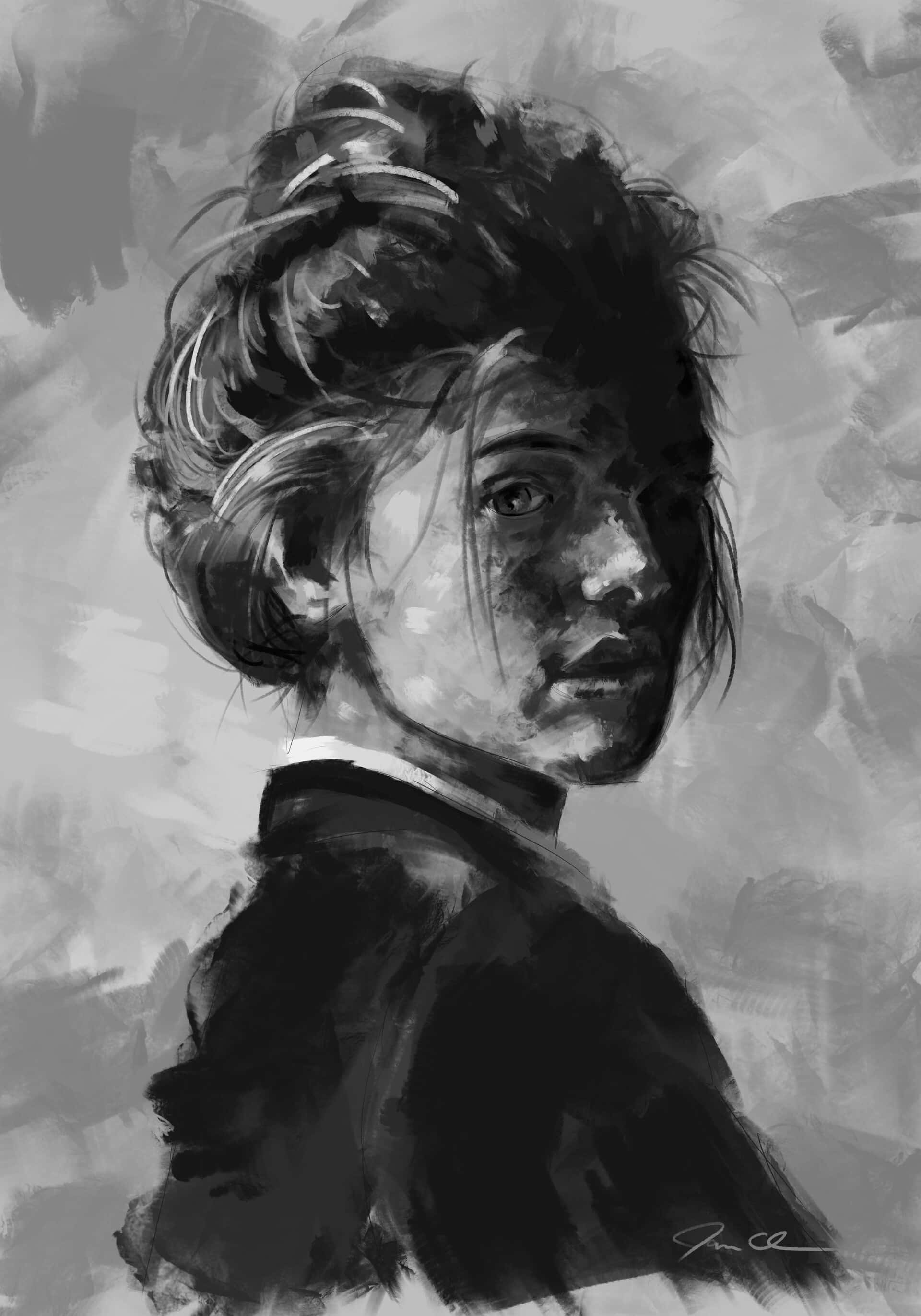 Black And White Painting 桌布 壁紙 — 一幅充滿情緒的黑白肖像，描繪一位頭髮蓬亂的年輕女子若有所思地回頭凝望。