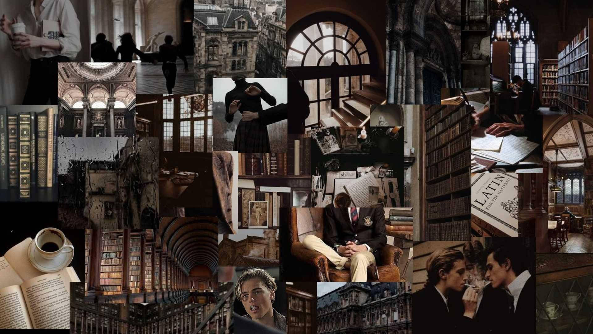 Light Academia 桌布 壁紙 — 一幅充滿情調的拼貼畫，描繪了復古圖書館場景、正在學習的學生，以及沐浴在溫暖琥珀色光線中的哥德式建築。