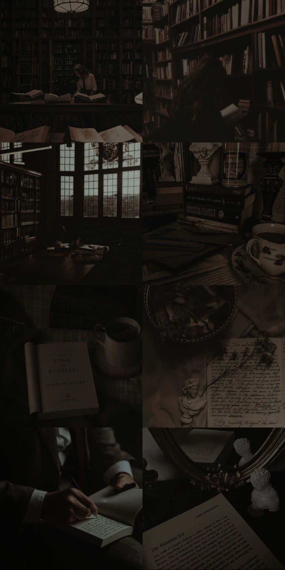 Dark Book Aesthetic 桌布 壁紙 — 一幅充滿情調的拼貼畫，描繪復古圖書館場景，有書籍、茶和手寫筆記，沉浸在昏暗的懷舊色調光線中。
