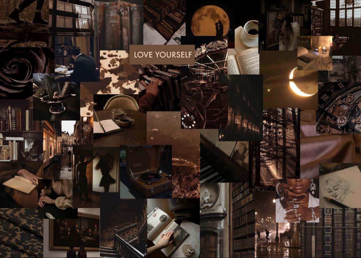 Dark Academia Aesthetic 桌布 壁紙 — 一幅充滿情調的拼貼畫，融合了復古圖書館場景、月光下的剪影和溫暖的棕褐色調手寫筆記。