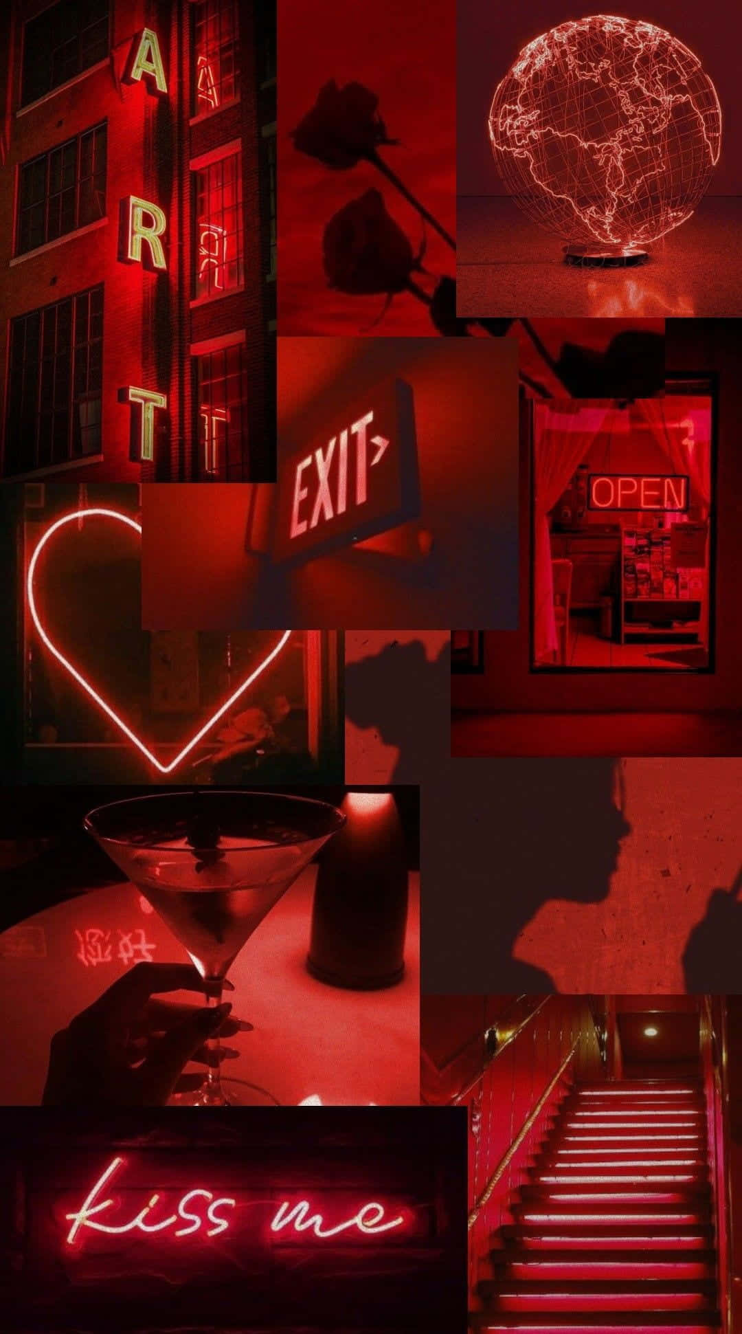 Trippy Neon Lights 桌布 壁紙 — 一幅充滿情調的紅色霓虹拼貼畫，包含標誌、地球儀、雞尾酒和城市夜生活場景中的剪影。