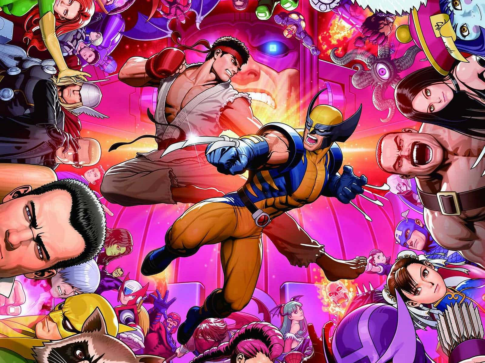 Marvel Vs Capcom Characters 桌布 壁紙 — 一幅充滿標誌性戰士和反派的動態漫畫插圖，呈現混亂而多彩的戰鬥場景。