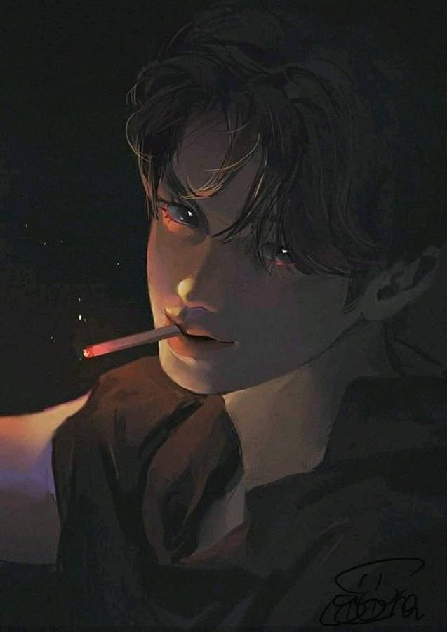 bad 桌布 壁紙 — 一幅充滿氛圍的動漫風格肖像，描繪一位黑髮年輕男子在黑色背景前手持點燃的香煙。