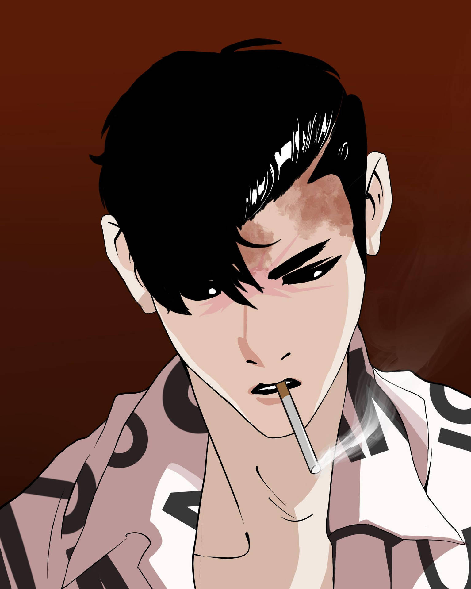 黑髮年輕男子在棕色背景前以動漫風格抽煙 — 看臉時代 GIF 壁紙