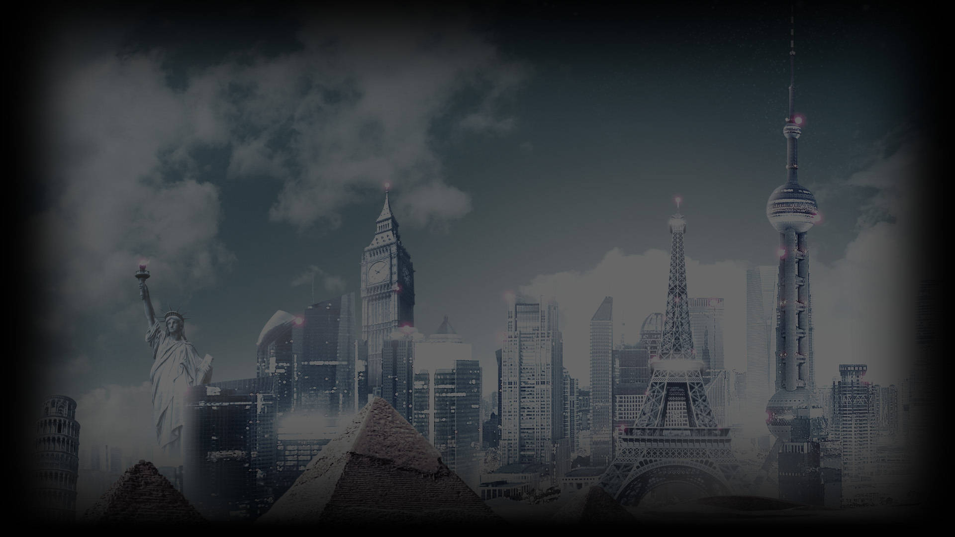 civilization 5 桌布 壁紙 — 一幅充滿氛圍的合成圖，包含自由女神像、艾菲爾鐵塔和上海中心大廈，背景是暴風雨的天空。