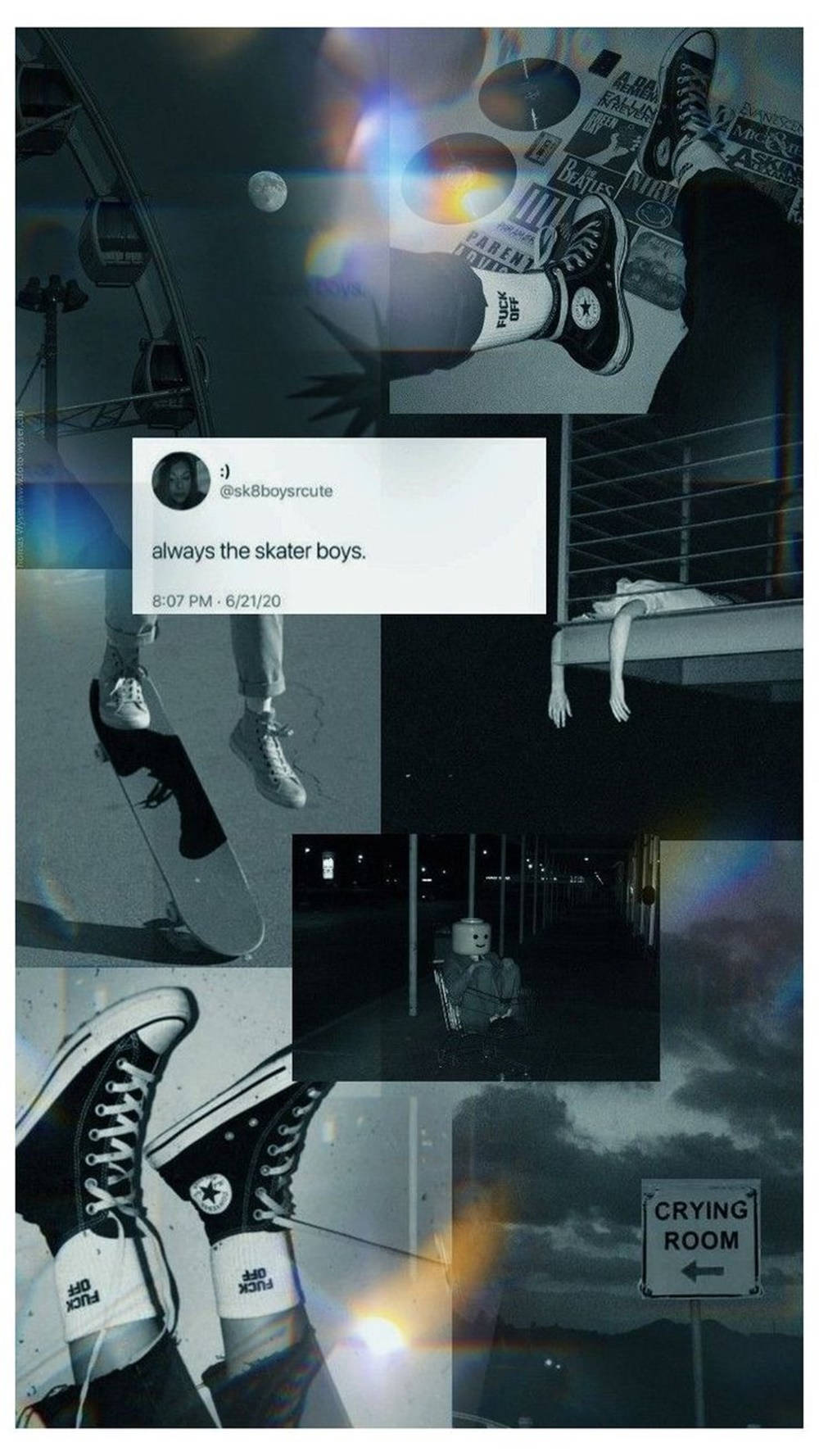 skate 桌布 壁紙 — 一幅充滿氛圍的拼貼畫，結合了滑板時刻、超現實夜景、Converse 運動鞋和哭泣房間標誌。