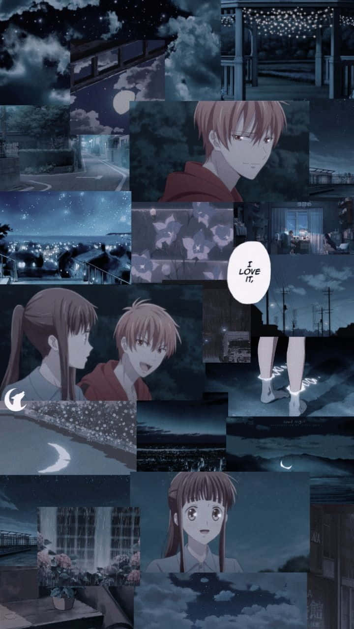 動漫 桌布 壁紙 — 一幅充滿氣氛的夜間動漫拼貼畫， featuring 角色、月光照耀的街道，以及在星空下閃爍的燈串。