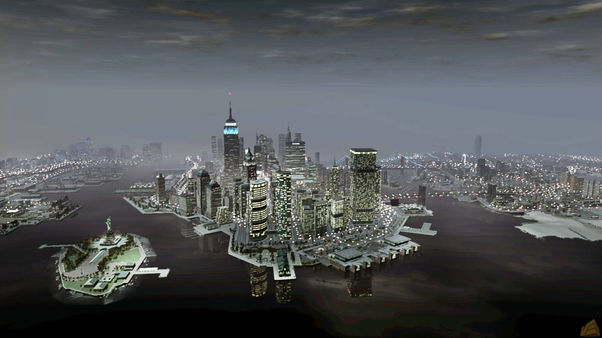civilization 5 桌布 壁紙 — 一幅充滿氣氛的數位渲染作品，描繪黃昏時分的紐約市，摩天大樓燈火通明，自由島上的自由女神像閃閃發光。