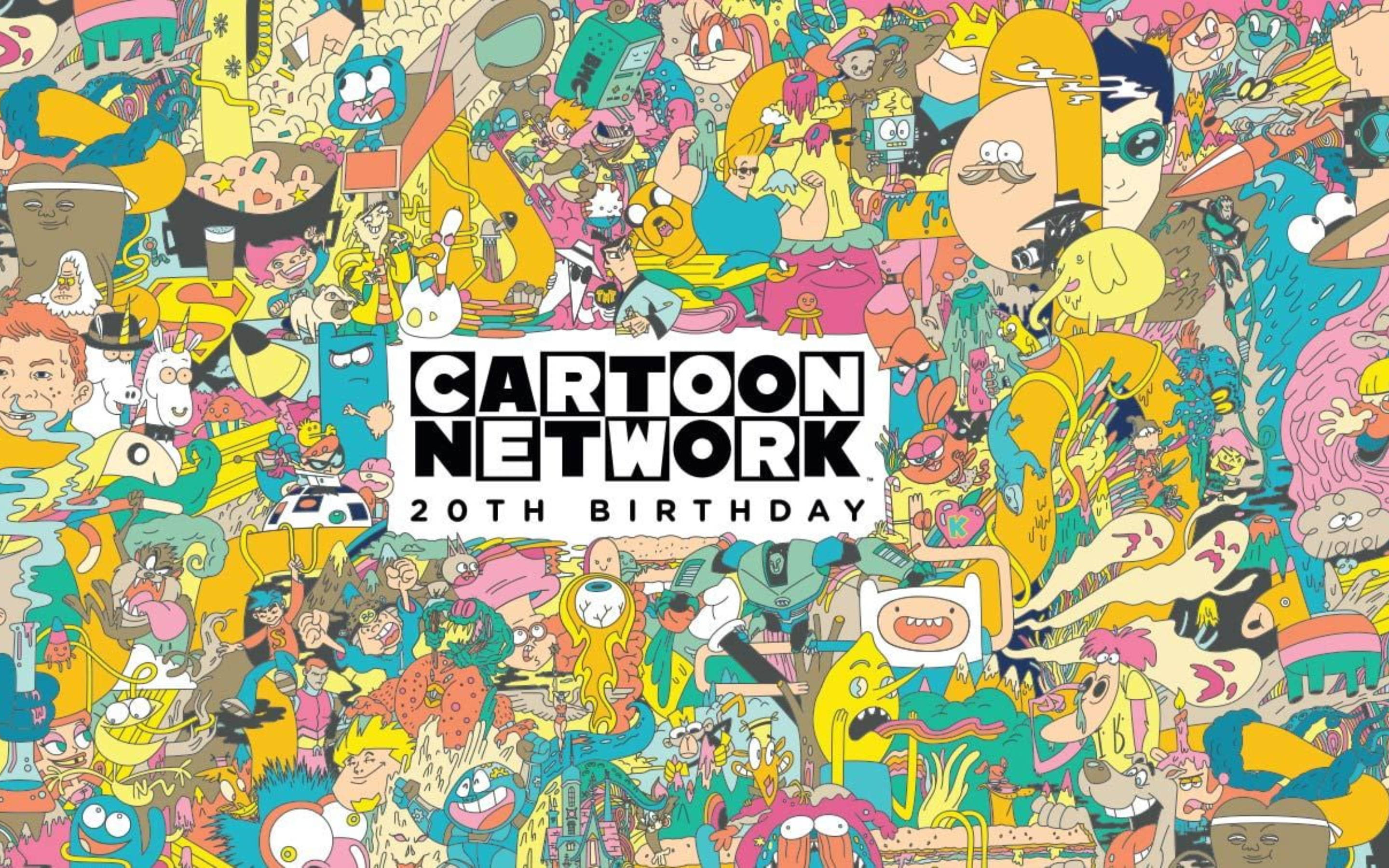 卡通頻道 桌布 壁紙 — 一幅充滿活力、混亂的Cartoon Network角色拼貼畫，慶祝該網絡20歲生日，色彩大膽，能量俏皮。