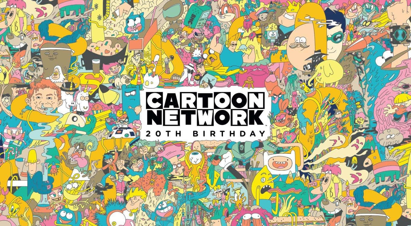 Cartoon Poster 桌布 壁紙 — 一幅充滿活力、混亂的卡通網絡角色拼貼畫，以鮮豔色彩和俏皮能量慶祝該網絡的20歲生日。