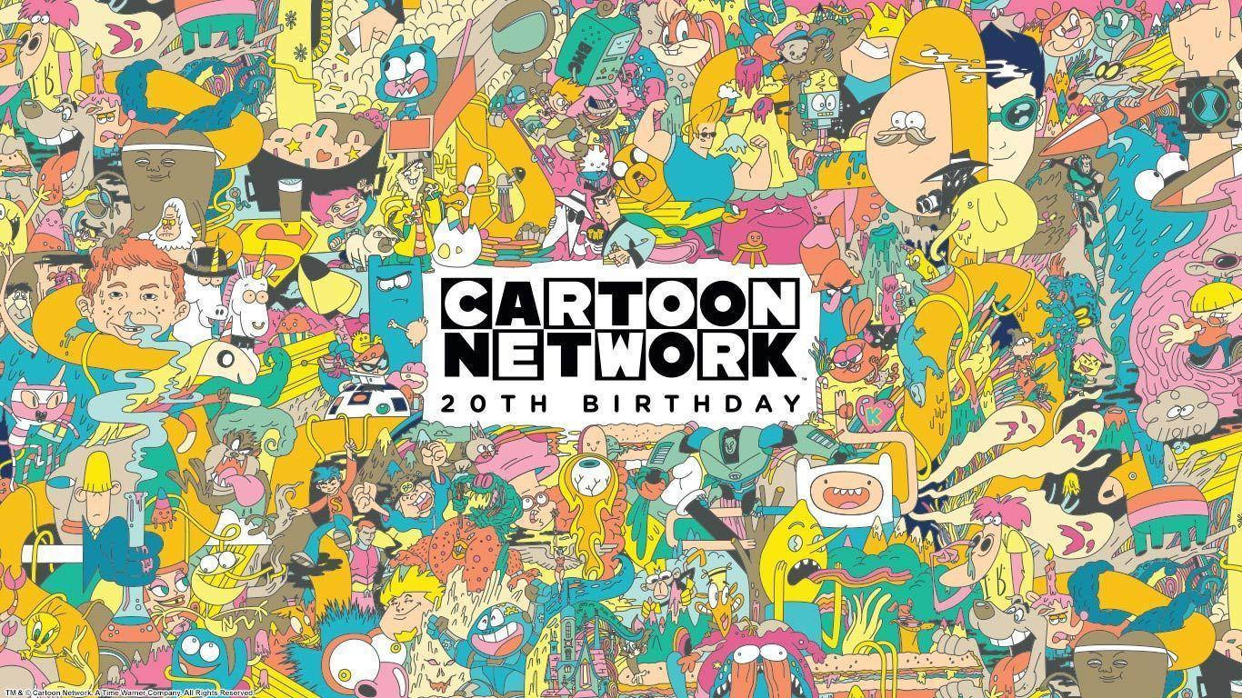 Cartoon Network Characters 桌布 壁紙 — 一幅充滿活力、混亂的卡通網絡角色拼貼畫，以大膽的色彩和俏皮的能量慶祝該網絡的20歲生日。