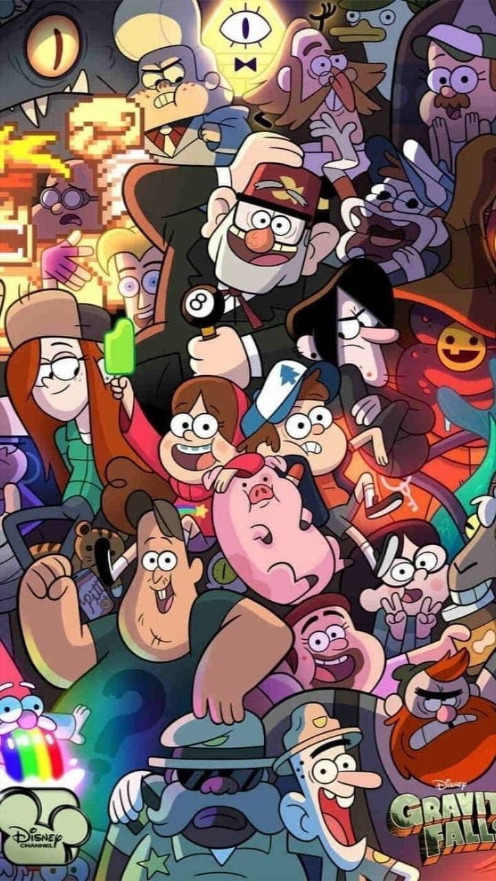 waddles 桌布 壁紙 — 一幅充滿活力、混亂的拼貼畫，描繪《重力泉》動畫角色以動態姿勢、表情豐富的臉孔和色彩繽紛的背景。