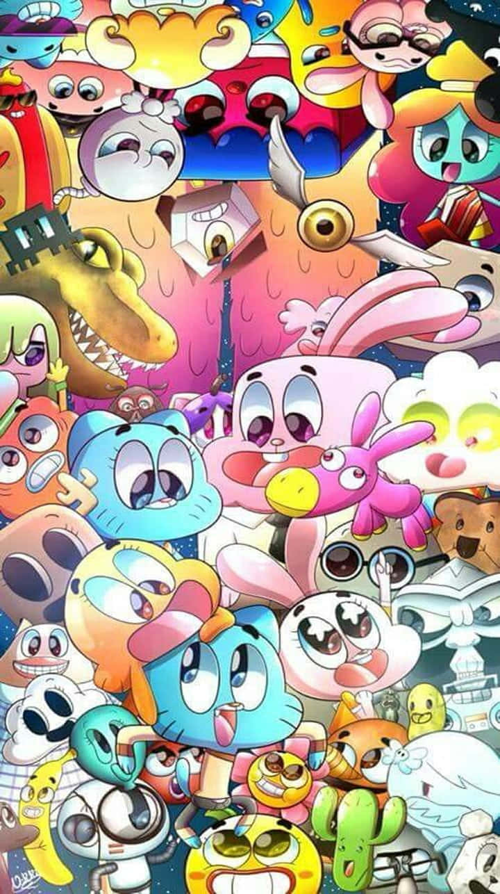 the amazing world of gumball 桌布 壁紙 — 一幅充滿活力、混亂的拼貼畫，描繪了色彩繽紛的卡通人物，表情誇張，設計奇特。