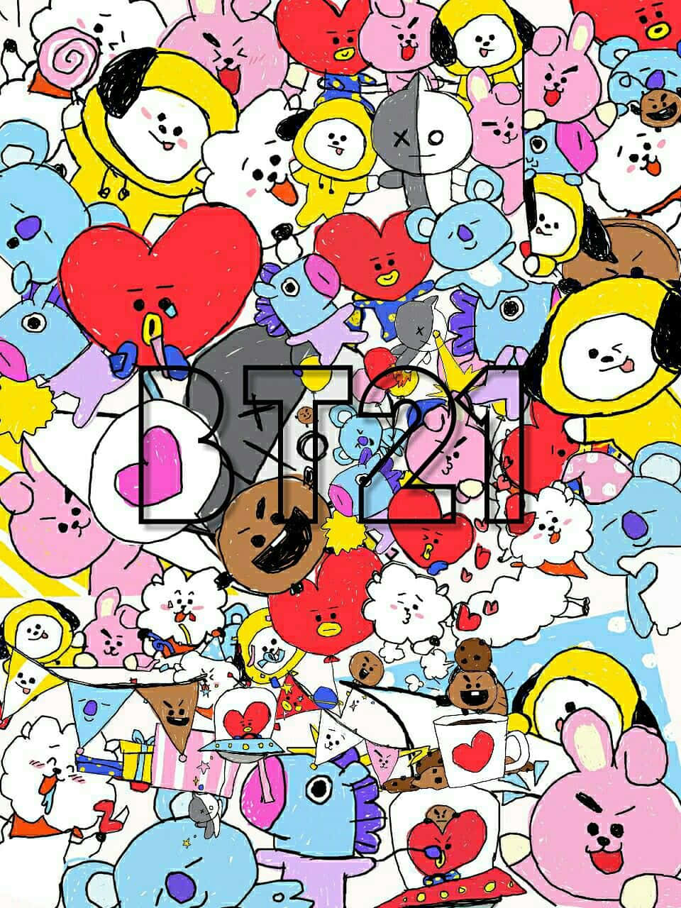 BT21 桌布 壁紙 — 一幅充滿活力、色彩繽紛的BT21卡通人物拼貼畫，帶有心形和派對元素。