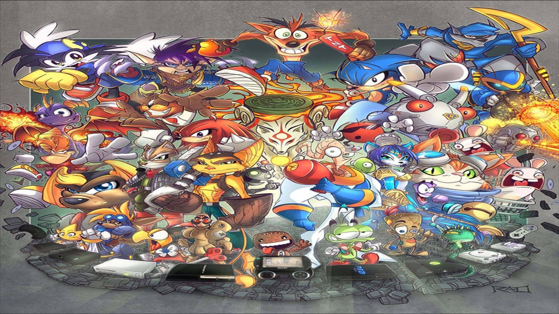Cartoon Collage 桌布 壁紙 — 一幅充滿活力且混亂的拼貼畫，描繪了標誌性電子遊戲角色以動態姿勢和火熱能量從破裂的螢幕中迸發出來。