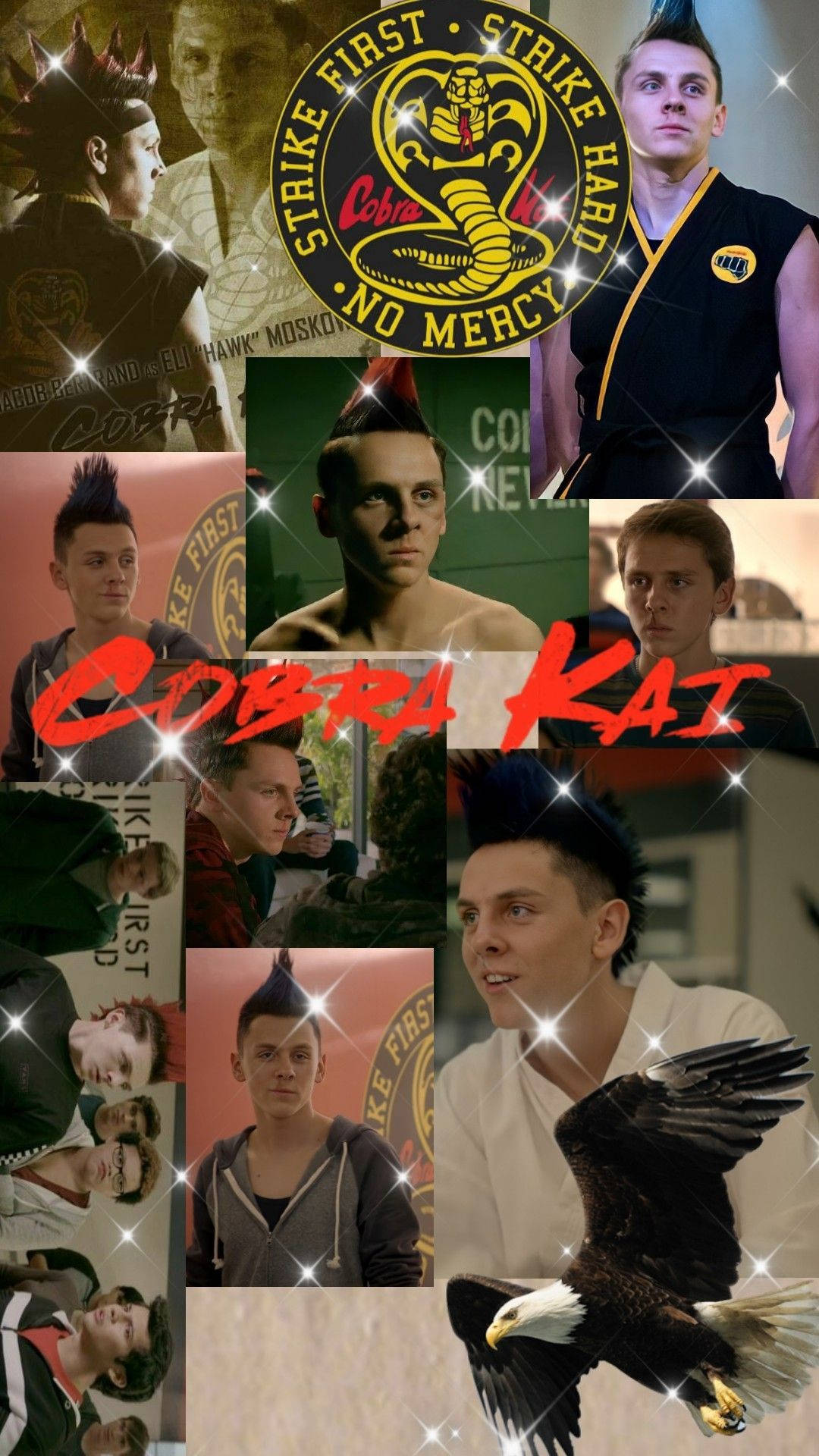 眼鏡蛇道館 桌布 壁紙 — 一幅充滿活力的 'Cobra Kai' 角色拼貼畫，帶有標誌性的 Cobra Kai 標誌和一隻在閃爍亮片中翱翔的鷹。