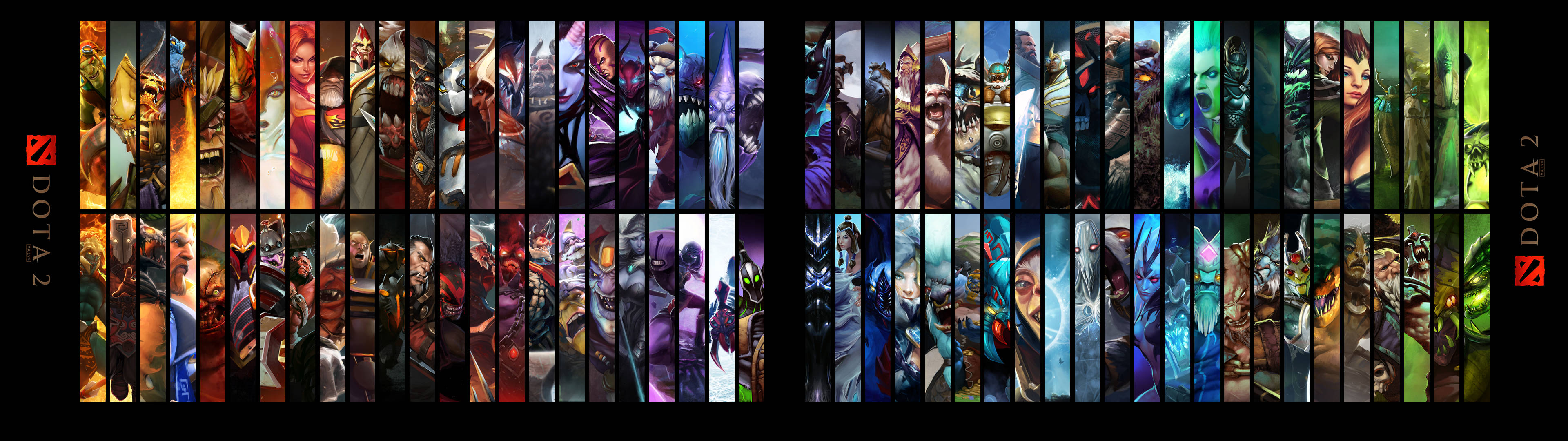 桌布 壁紙 — 一幅充滿活力的 DOTA 2 英雄拼貼畫，以垂直條紋形式展示在黑色背景上。
