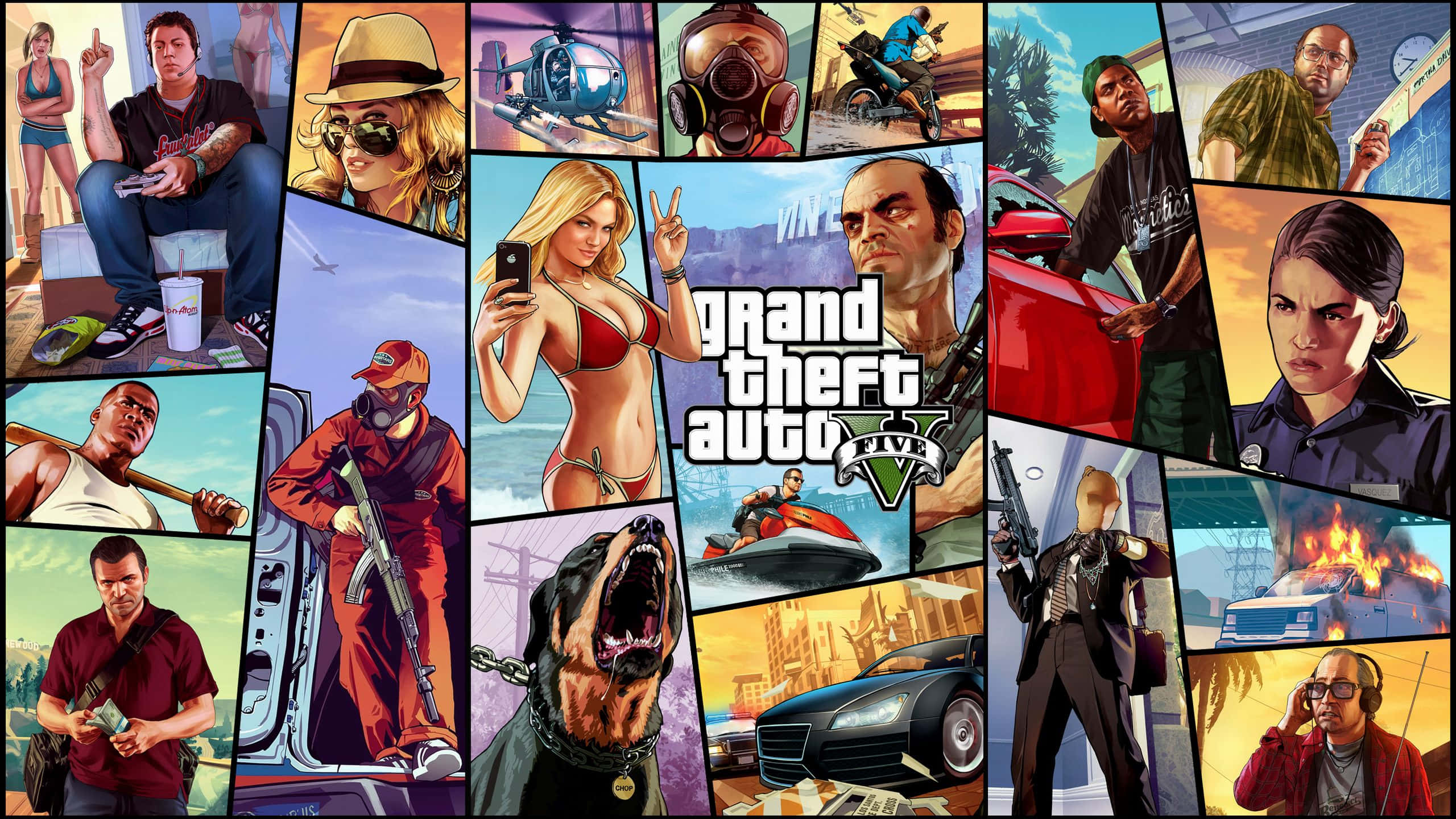 GTA 5 動圖 桌布 壁紙 — 一幅充滿活力的《Grand Theft Auto V》角色和場景拼貼畫，包含槍支、汽車和混亂的城市動作。