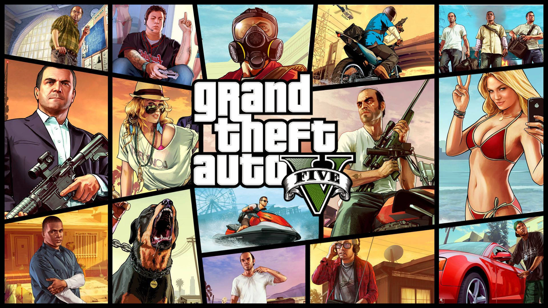 1080p gta 5 桌布 壁紙 — 一幅充滿活力的《Grand Theft Auto V》角色拼貼畫，呈現各種都市及動作場景。